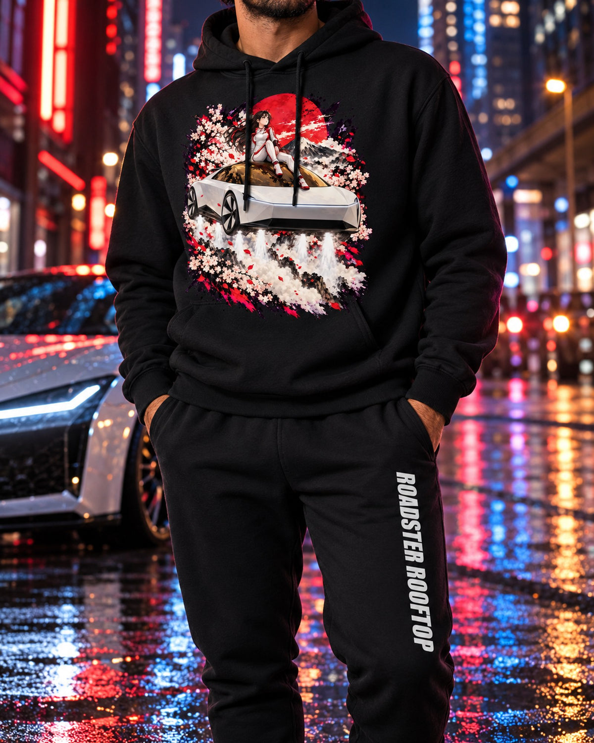 Tesla Roadster Rooftop Anime Girl Hoodie + Jogger Set Black worn hero