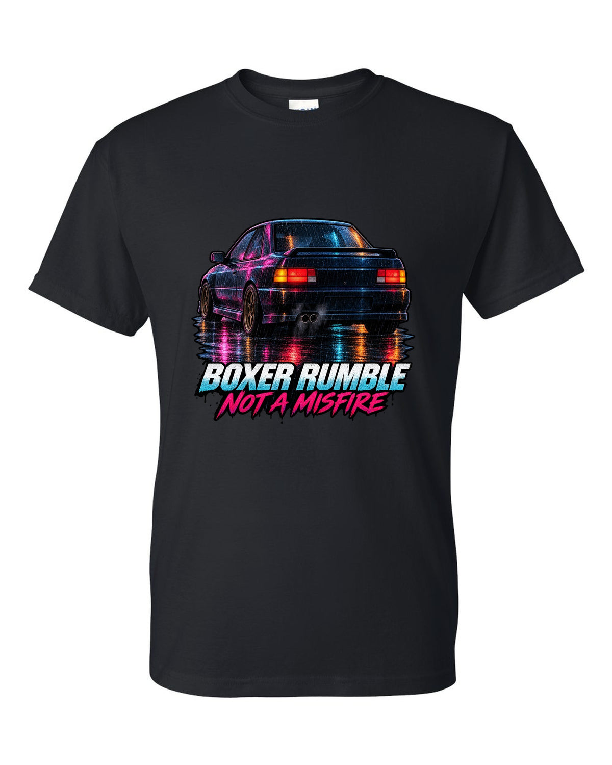 Painterly night scene of a Subaru Impreza WRX GC8 coupe with wet taillight reflections black t-shirt front view with the design