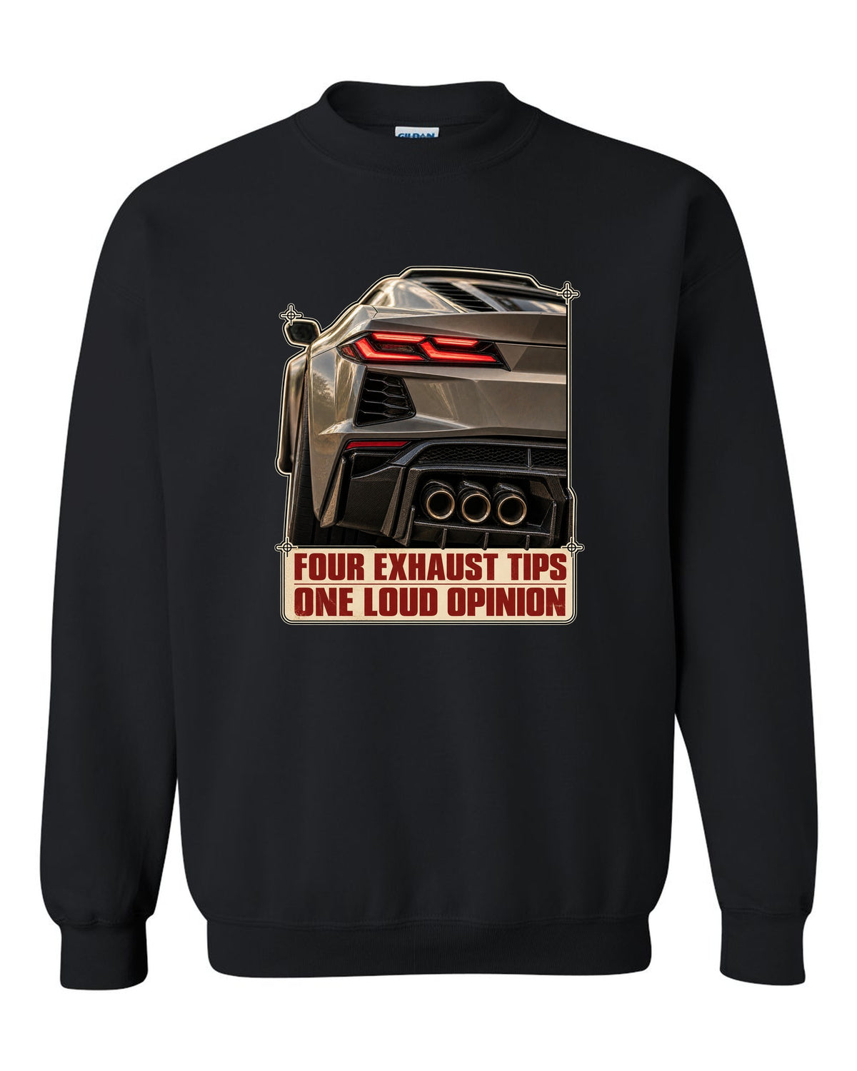 Taillight macro print of a Chevrolet Corvette C8 Z06 with four exhaust tips black crewneck front view with the design