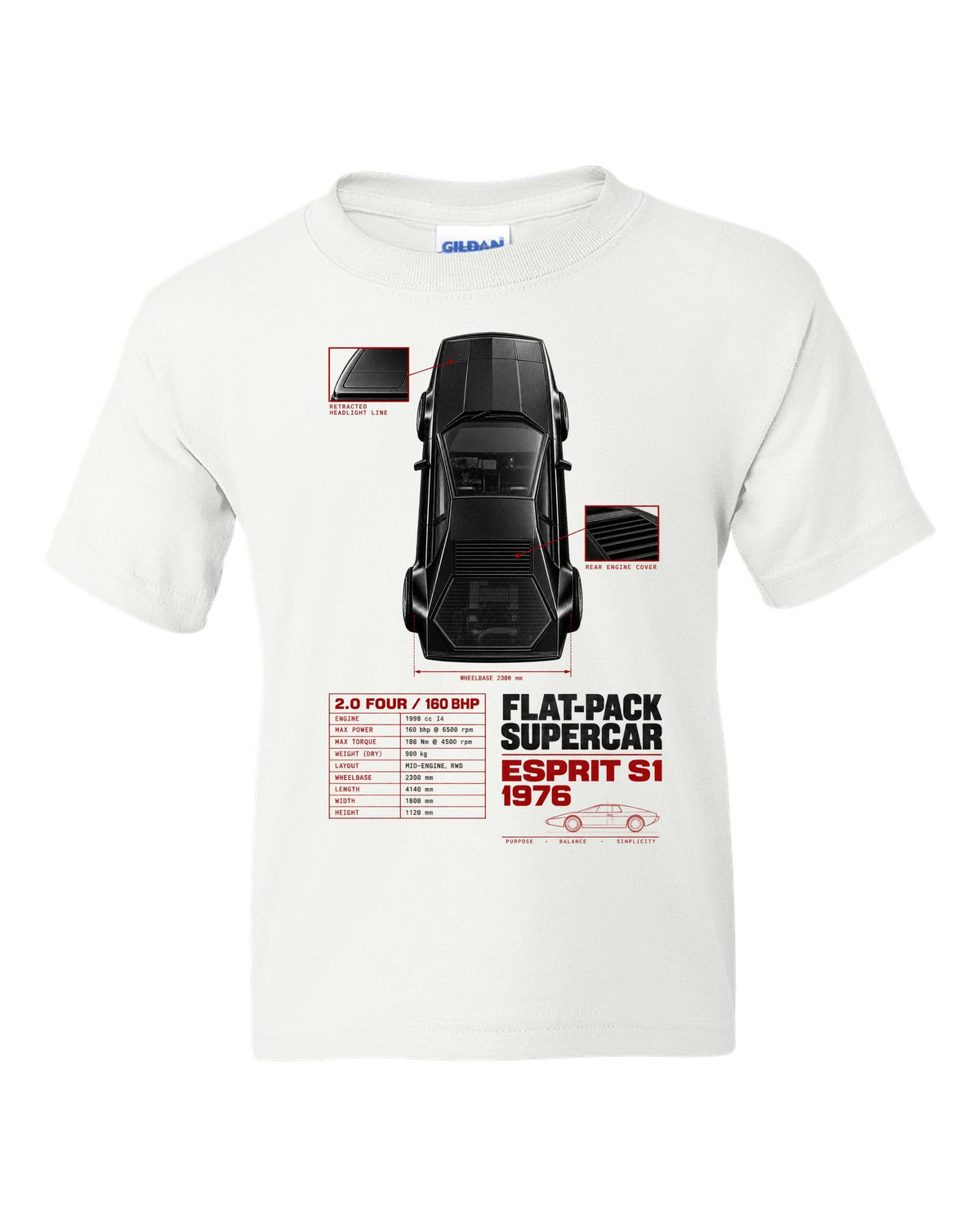 Lotus Esprit S1 top-down spec poster with 2.0 four and 160 bhp white kids tee front view with the design