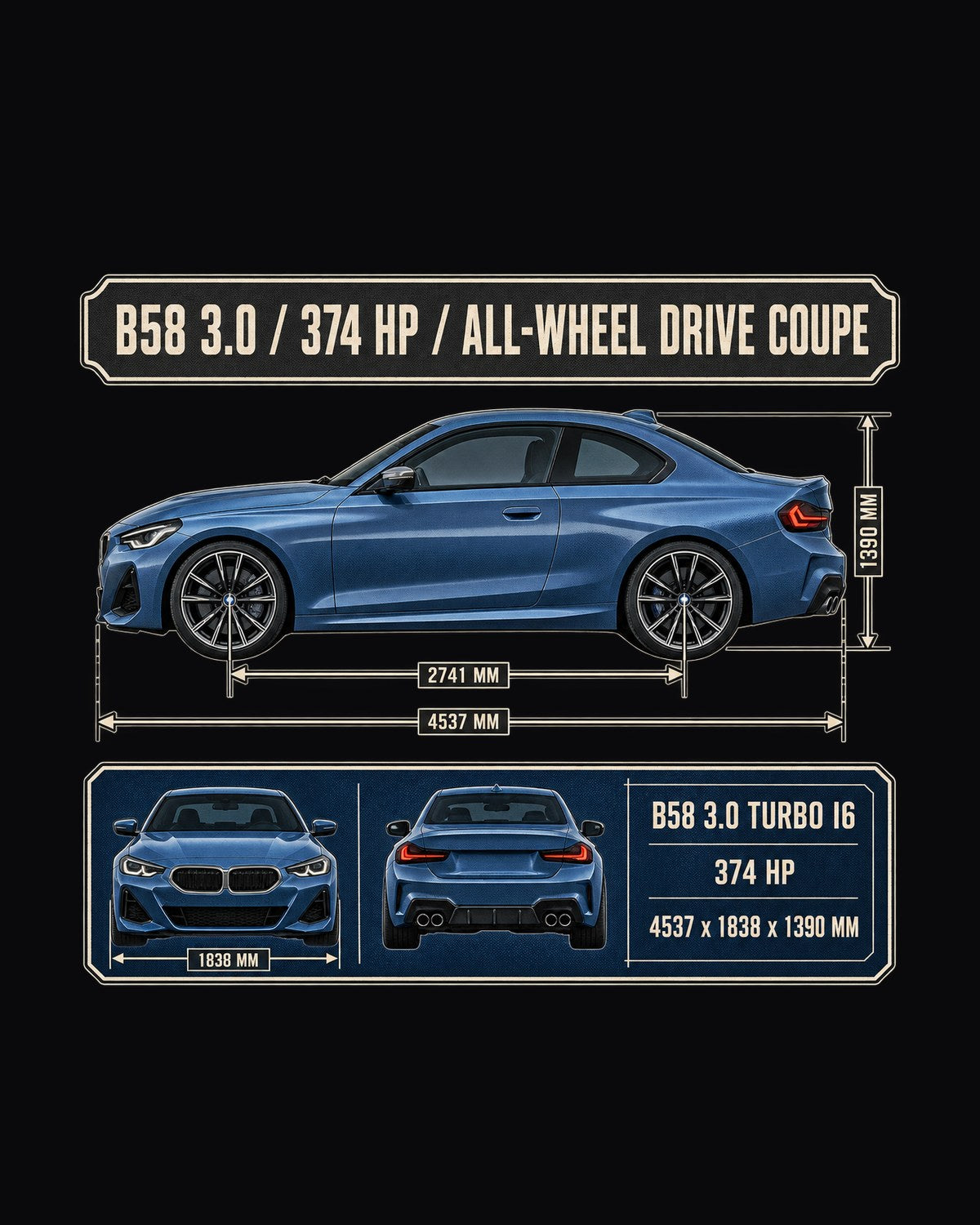 BMW M240i xDrive G42 Dimension Blueprint Shirt design only