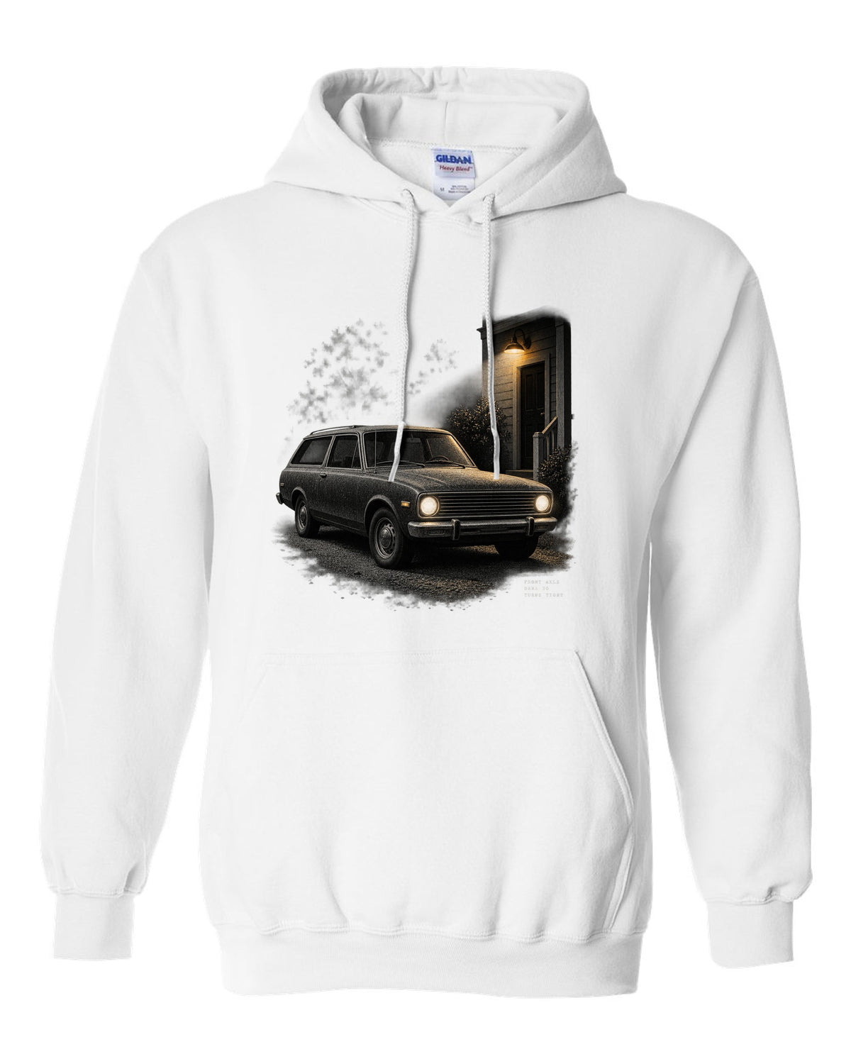Night print of a 1966-77 early Ford Bronco U15 with Dana 30 front axle text white pull over hoodie front view with the design