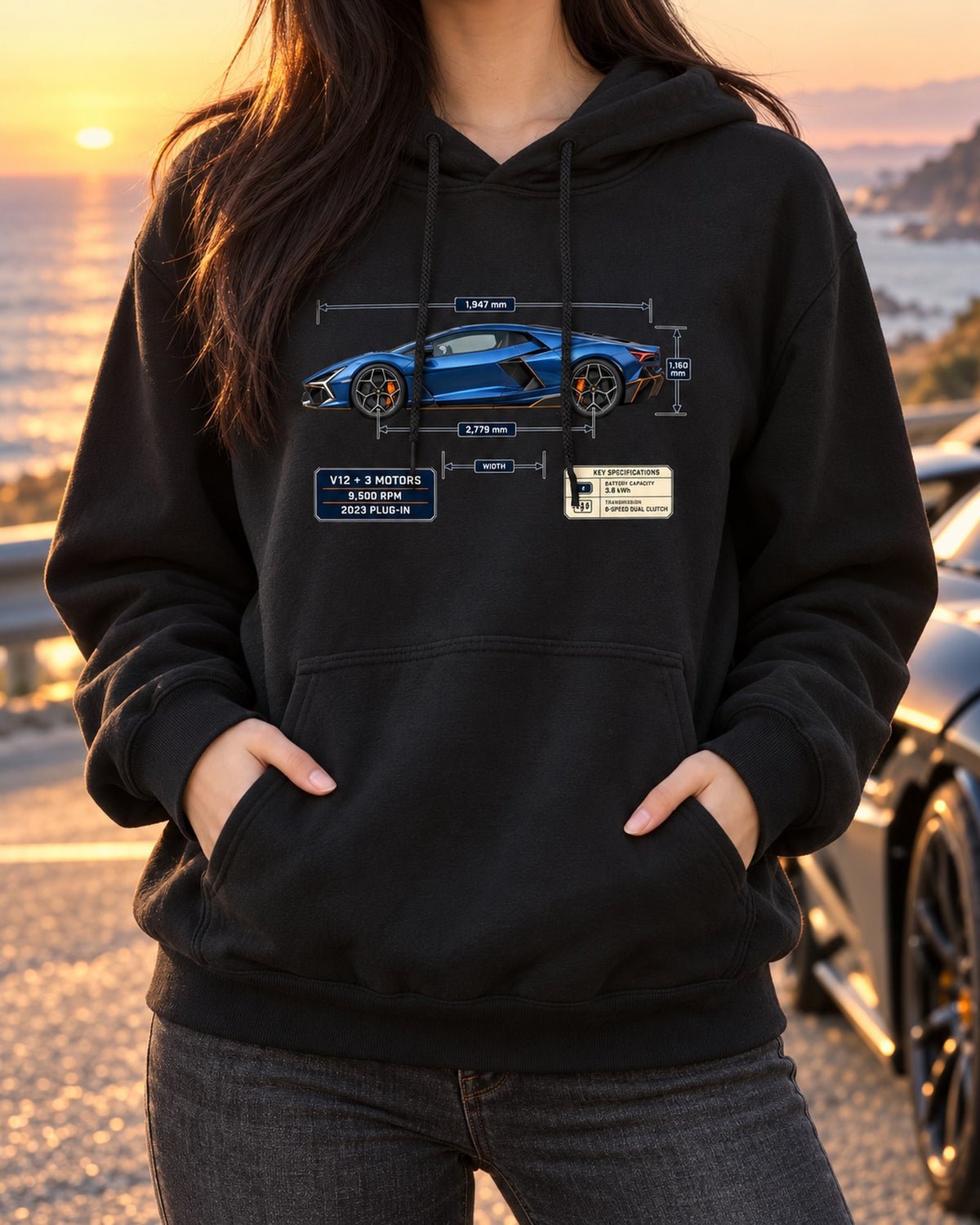 Lamborghini Revuelto Dimension Blueprint Shirt, V12 Hybrid Pull Over Hoodie Black worn hero