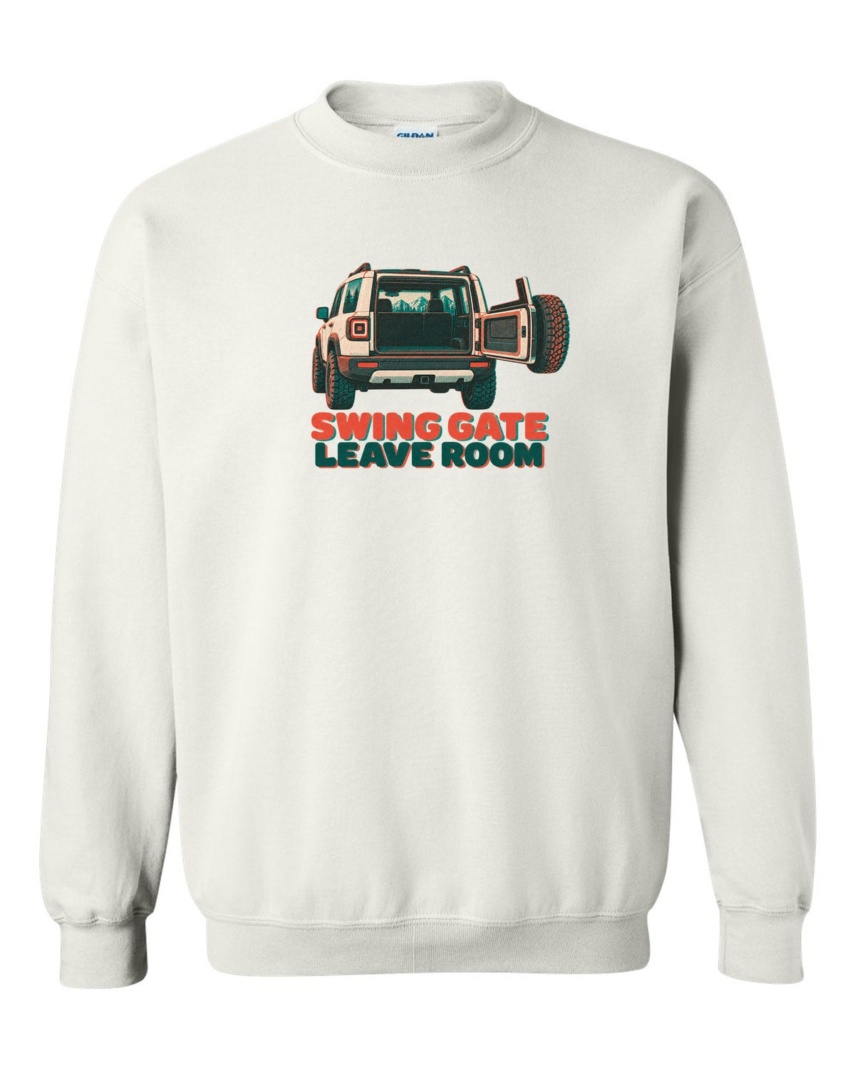 Risograph-style rear view of a Land Rover Defender L663 110 with spare wheel on the swing gate white crewneck front view with the design
