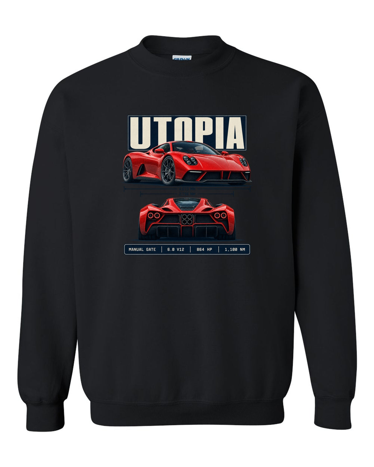 Spec poster print of the Pagani Utopia with the text manual gate, 6.0 V12, 864 hp, 1,100 Nm black crewneck front view with the design