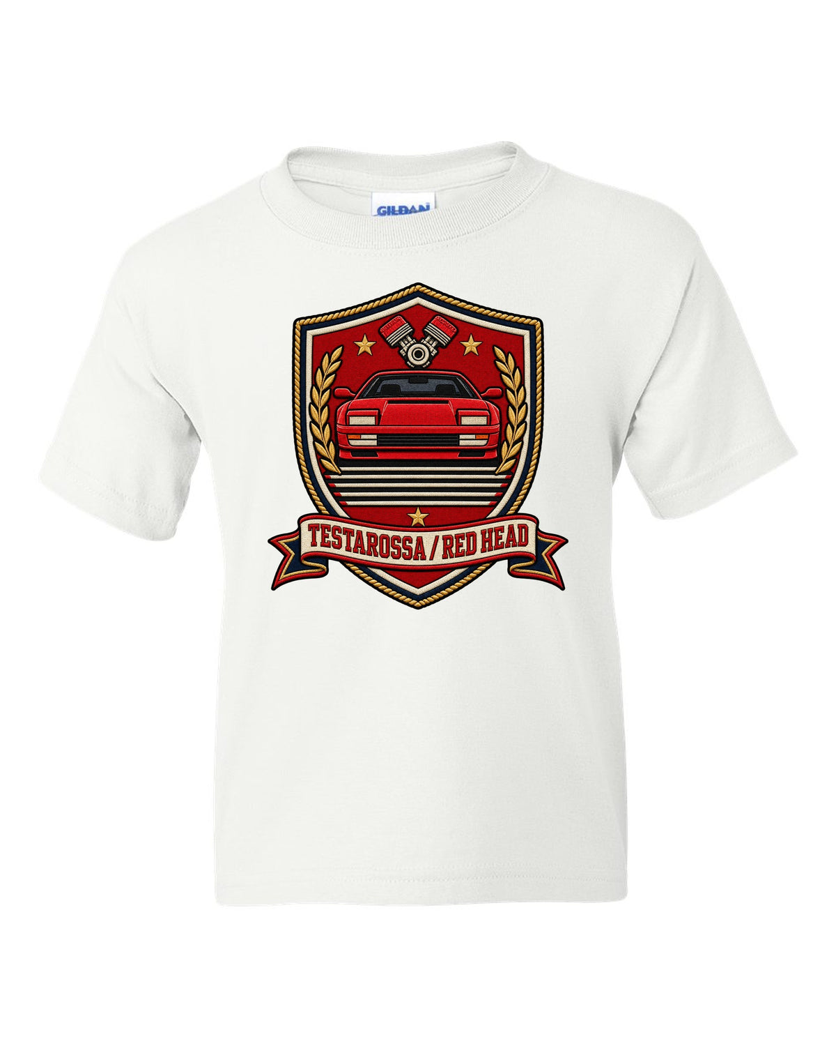 Shield crest layout for the 1984 Ferrari Testarossa with red head text white kids tee front view with the design