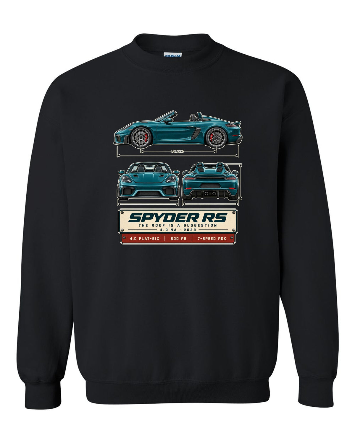 Three-view spec print of a Porsche 718 Spyder RS 982 black crewneck front view with the design