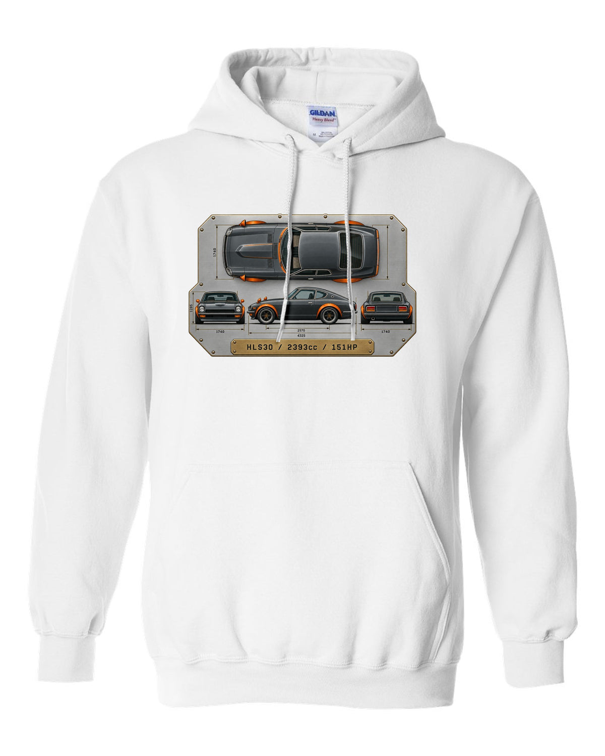 Top-down spec plate print of a Datsun 240Z HLS30 with 2393cc and 151HP white pull over hoodie front view with the design