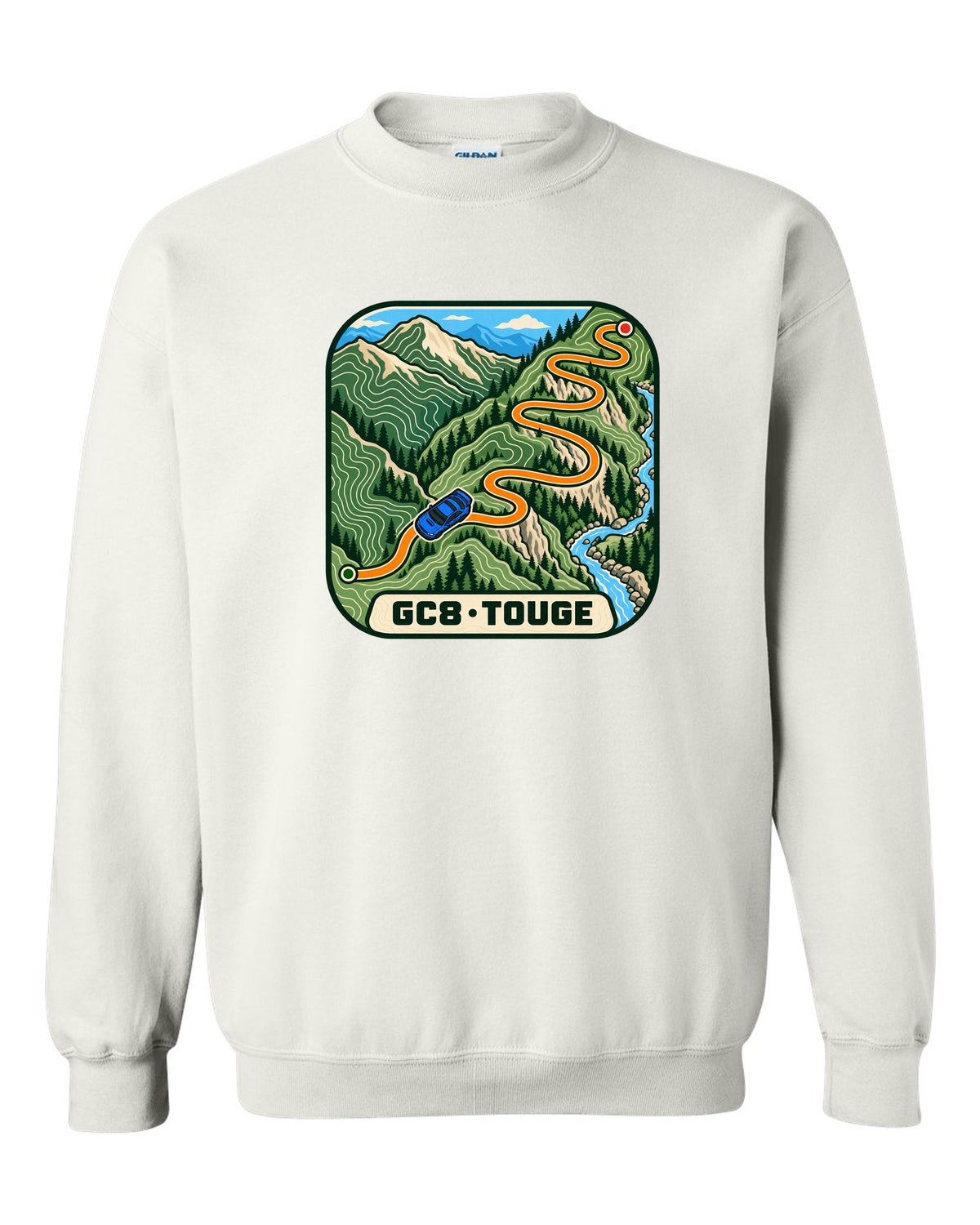 Subaru Impreza WRX GC8 touge route drawn as a topographic contour map, GC8 / TOUGE white crewneck front view with the design