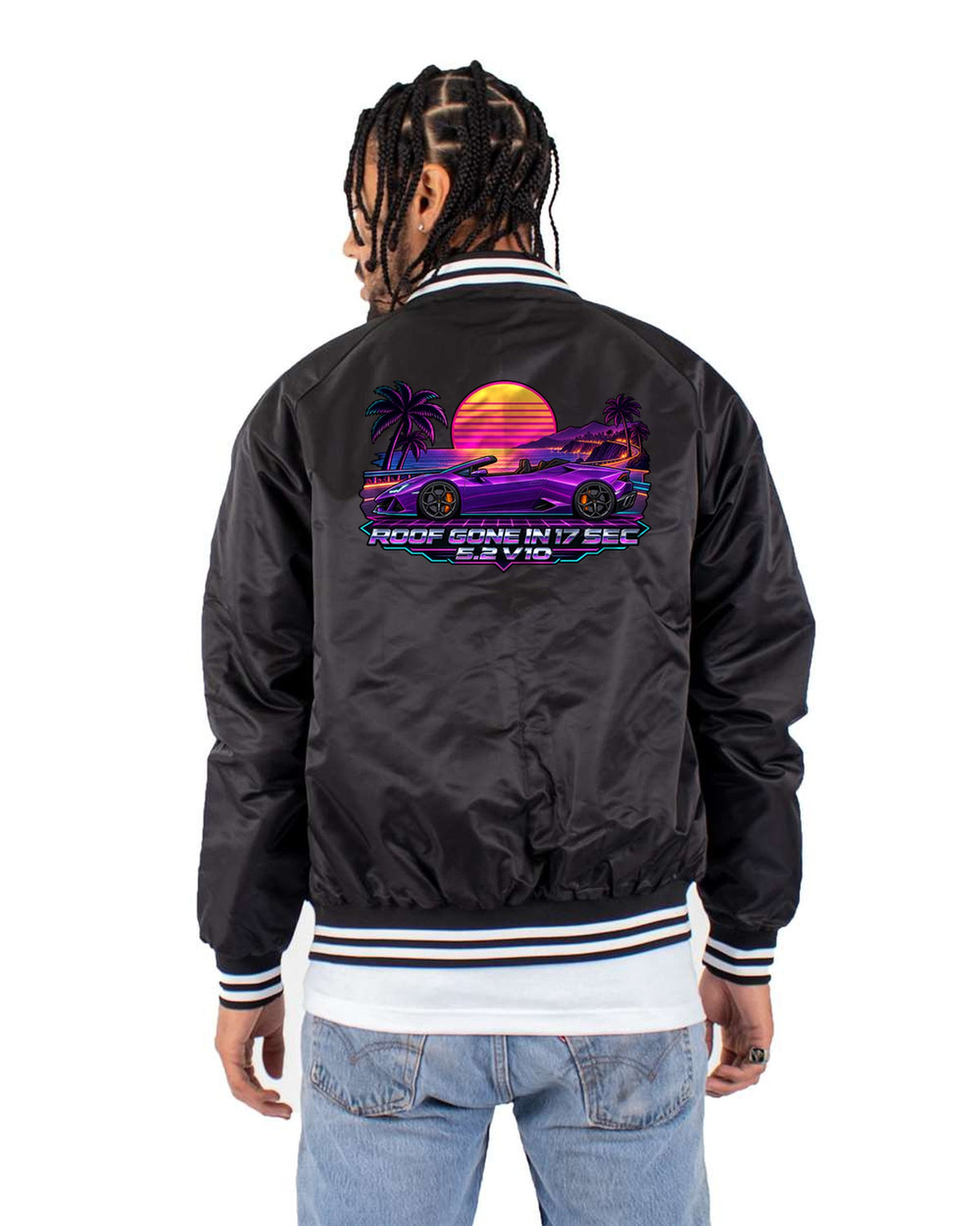Lamborghini Huracan Spyder LP610-4 Synthwave Sunset Grid Tee Bomber Jacket Black back