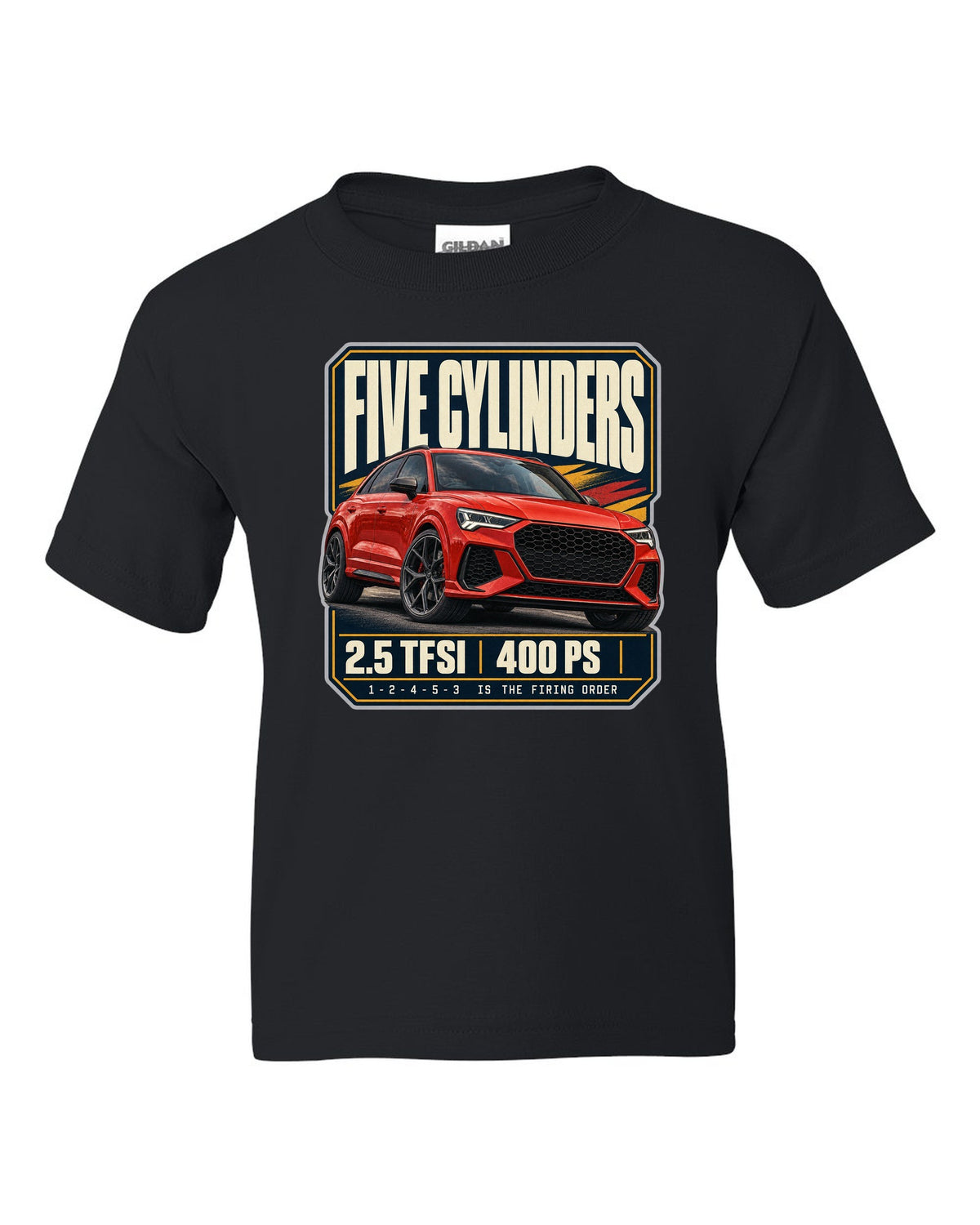 Audi RS Q3 F3 editorial headline print with five-cylinder text black kids tee front view with the design