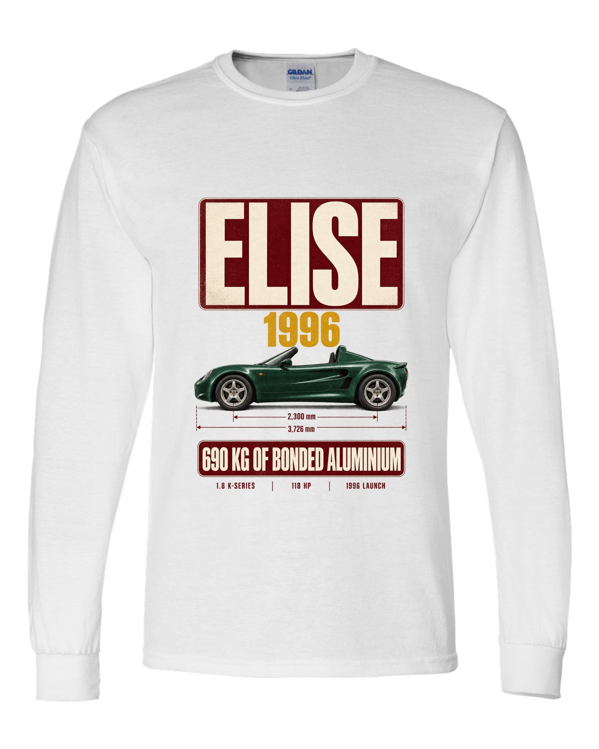 Lotus Elise Series 1 open roadster archive panel print with 1996 and 690 kg bonded aluminium text white long sleeve front view with the design
