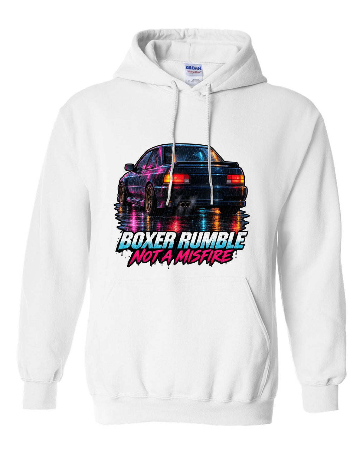 Painterly night scene of a Subaru Impreza WRX GC8 coupe with wet taillight reflections white pull over hoodie front view with the design