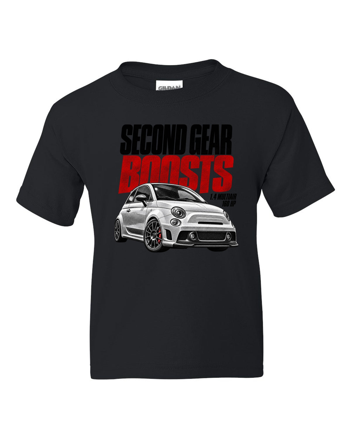 Halftone print of a Fiat 500 Abarth with 1.4 MultiAir and 160 HP text black kids tee front view with the design