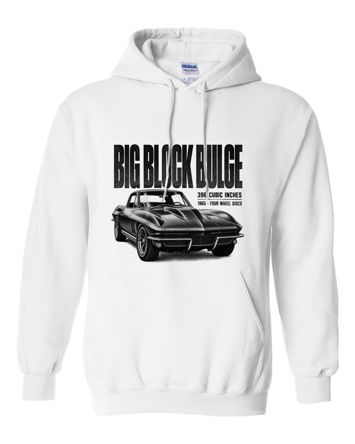Chevrolet Corvette C2 Sting Ray 1965 big-block 396 hood bulge halftone print white pull over hoodie front view with the design