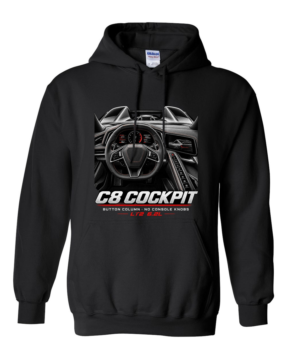 Corvette C8 Stingray 2020 cockpit with button column black pull over hoodie front view with the design