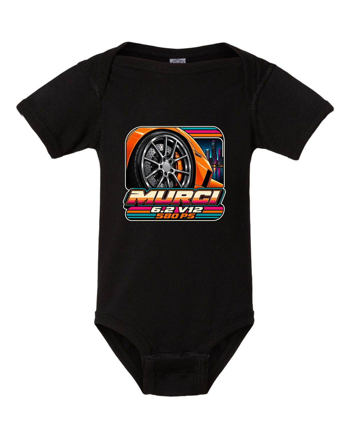Cassette tape packaging style print of a 2001 Lamborghini Murcielago wheel with 6.2 V12 and 580 PS black baby onesie front view with the design