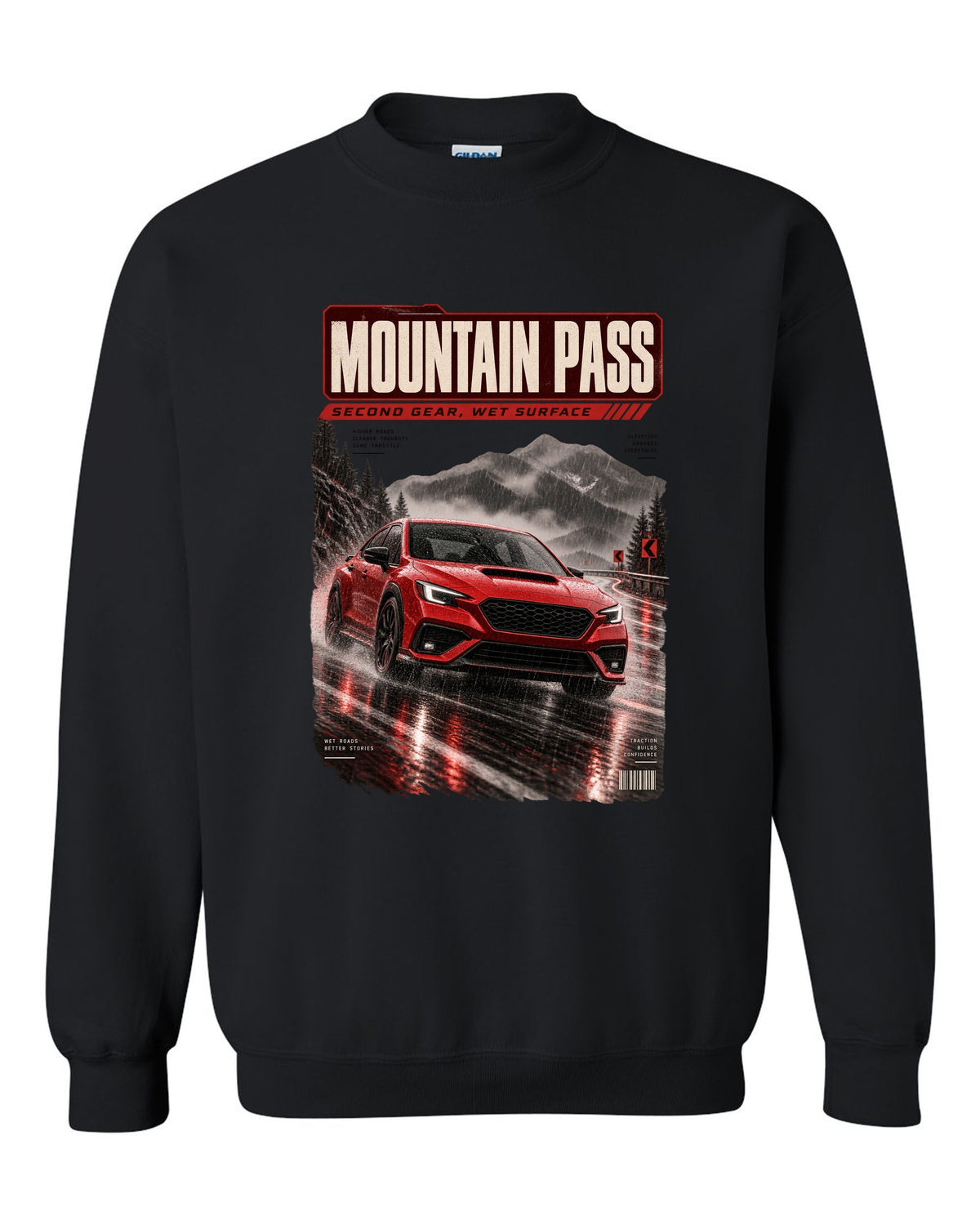 Red-orange monochrome Subaru WRX VB sedan on a wet mountain pass at night, poster-style print black crewneck front view with the design