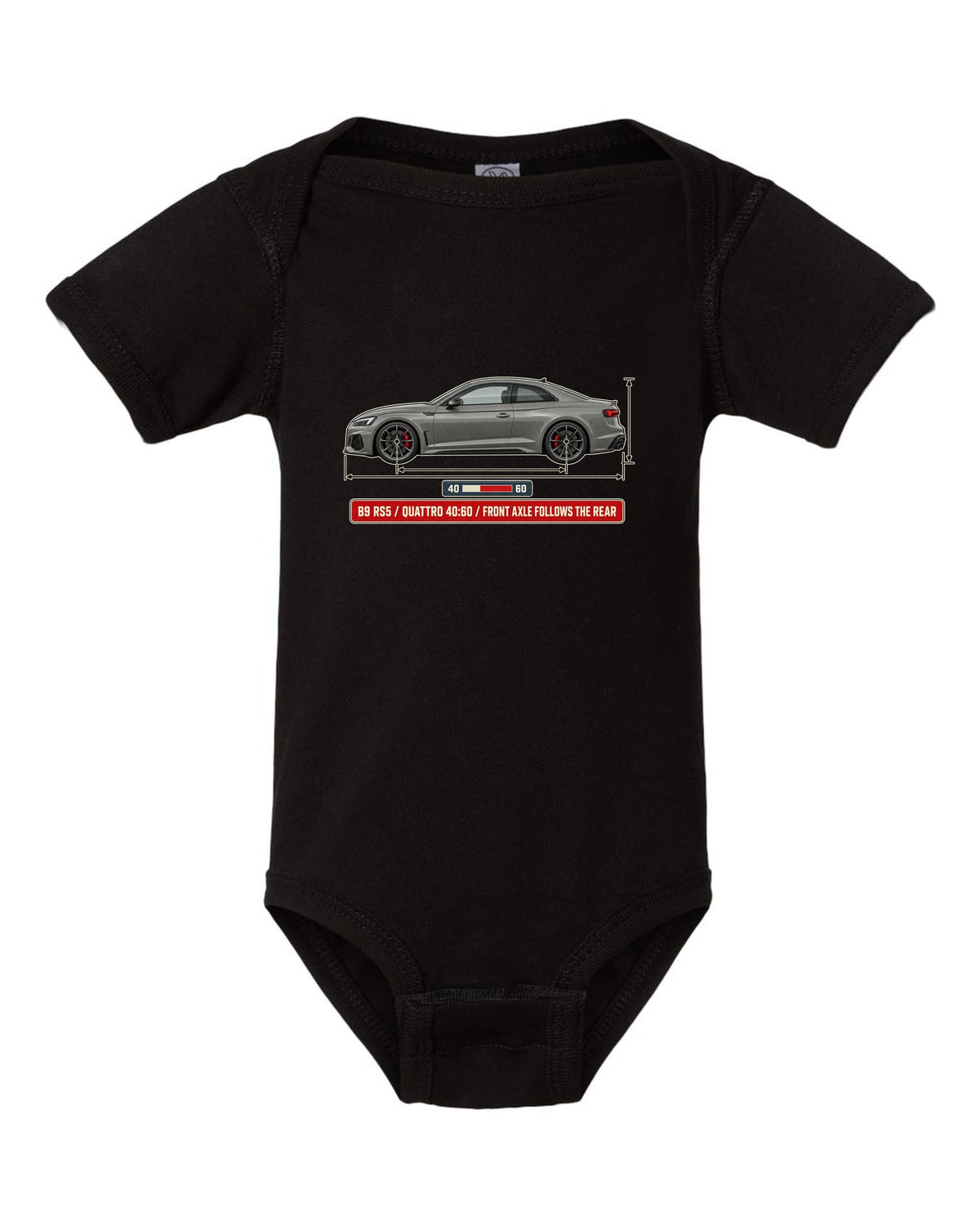 Dimension blueprint of an Audi RS5 Coupe B9 facelift with quattro 40:60 text black baby onesie front view with the design