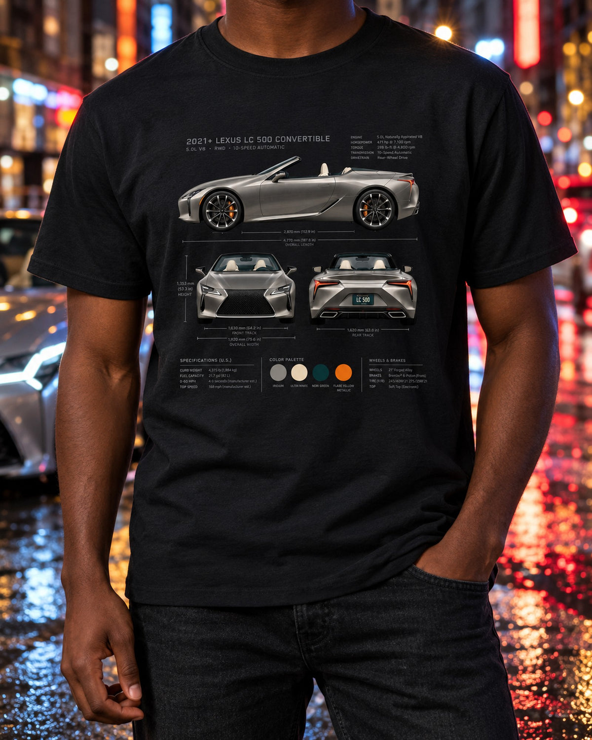 Lexus LC 500 Convertible Three-View Shirt, Top Down V8 Up T-Shirt Black worn hero
