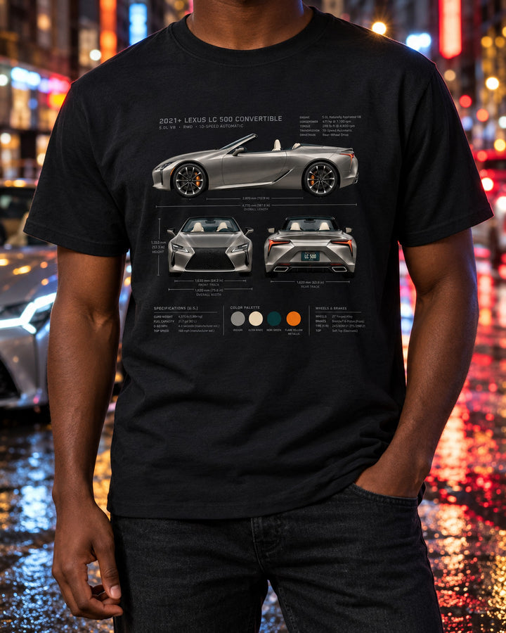 Lexus LC 500 Convertible Three-View Shirt, Top Down V8 Up T-Shirt Black worn hero