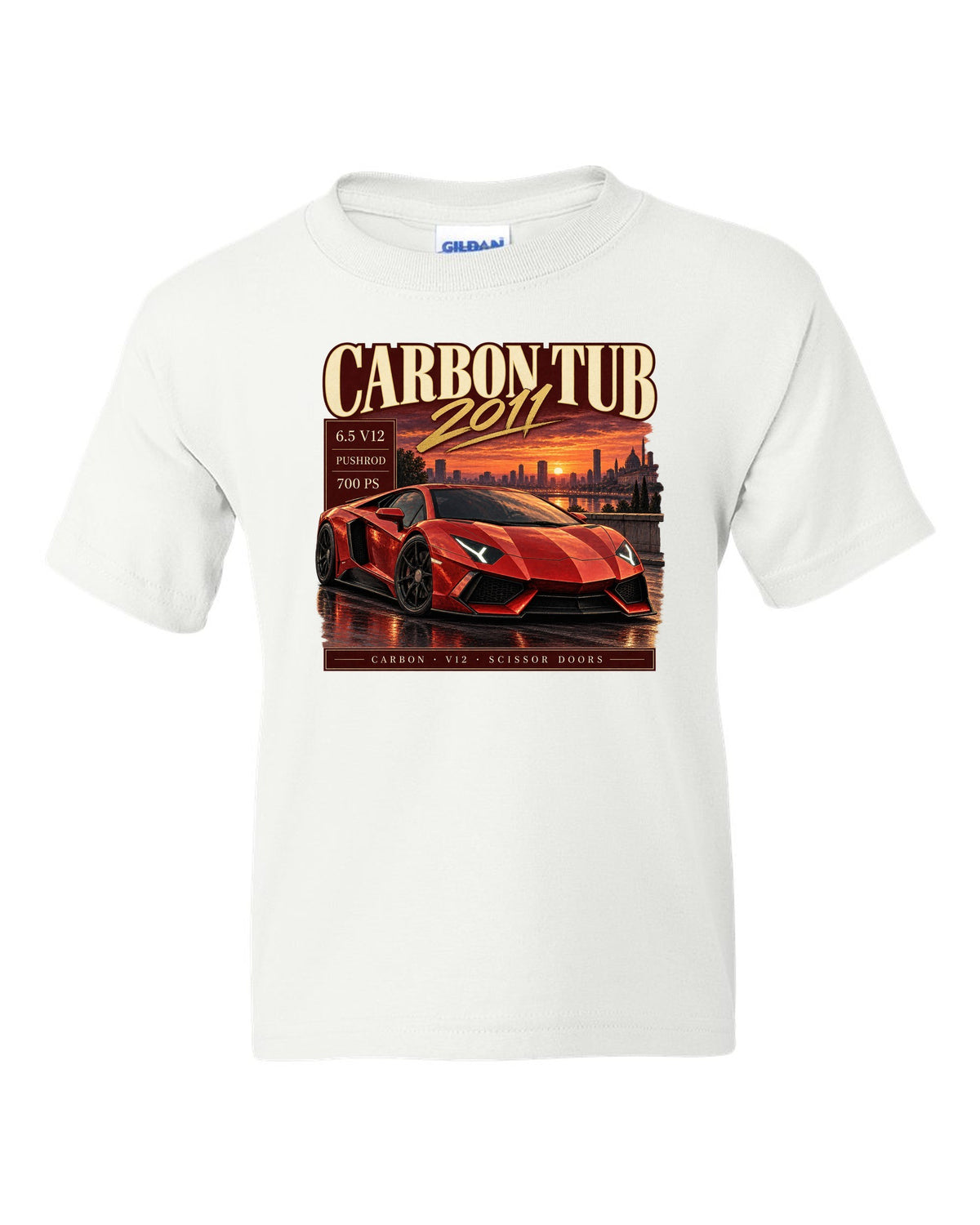 Archive panel print of a Lamborghini Aventador LP700-4 with Carbon Tub and 6.5 V12 text white kids tee front view with the design