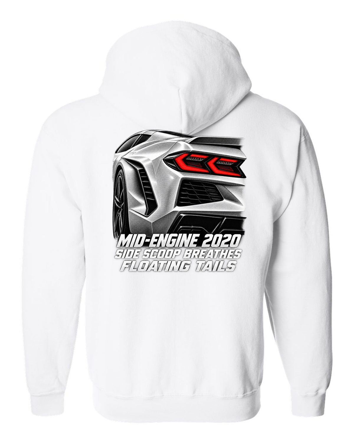 Corvette C8 Stingray 2020 Side Intake Taillight Detail white zip hoodie back view with the design