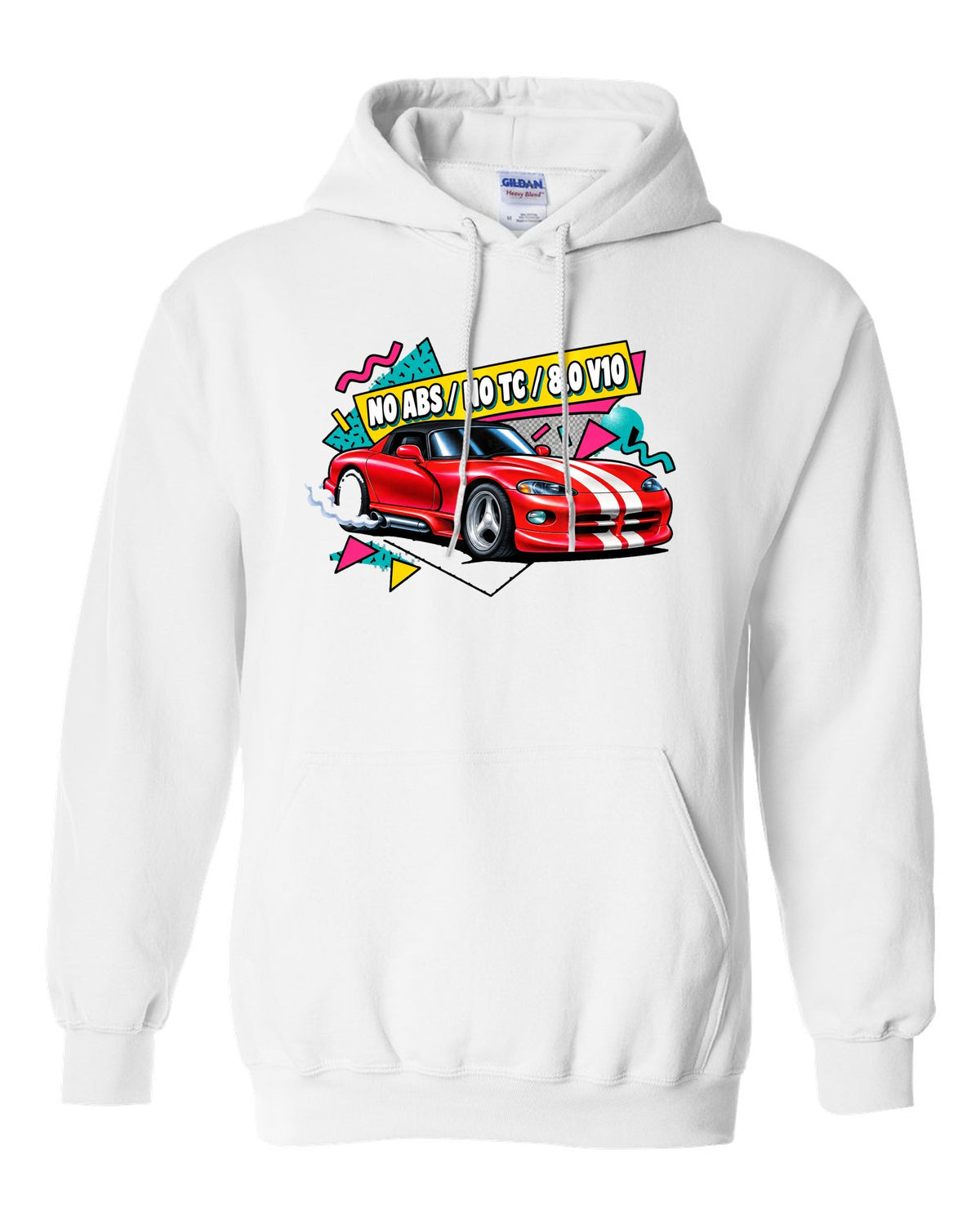Airbrushed 90s Memphis grid design of a 1994 Dodge Viper RT/10 SR I white pull over hoodie front view with the design