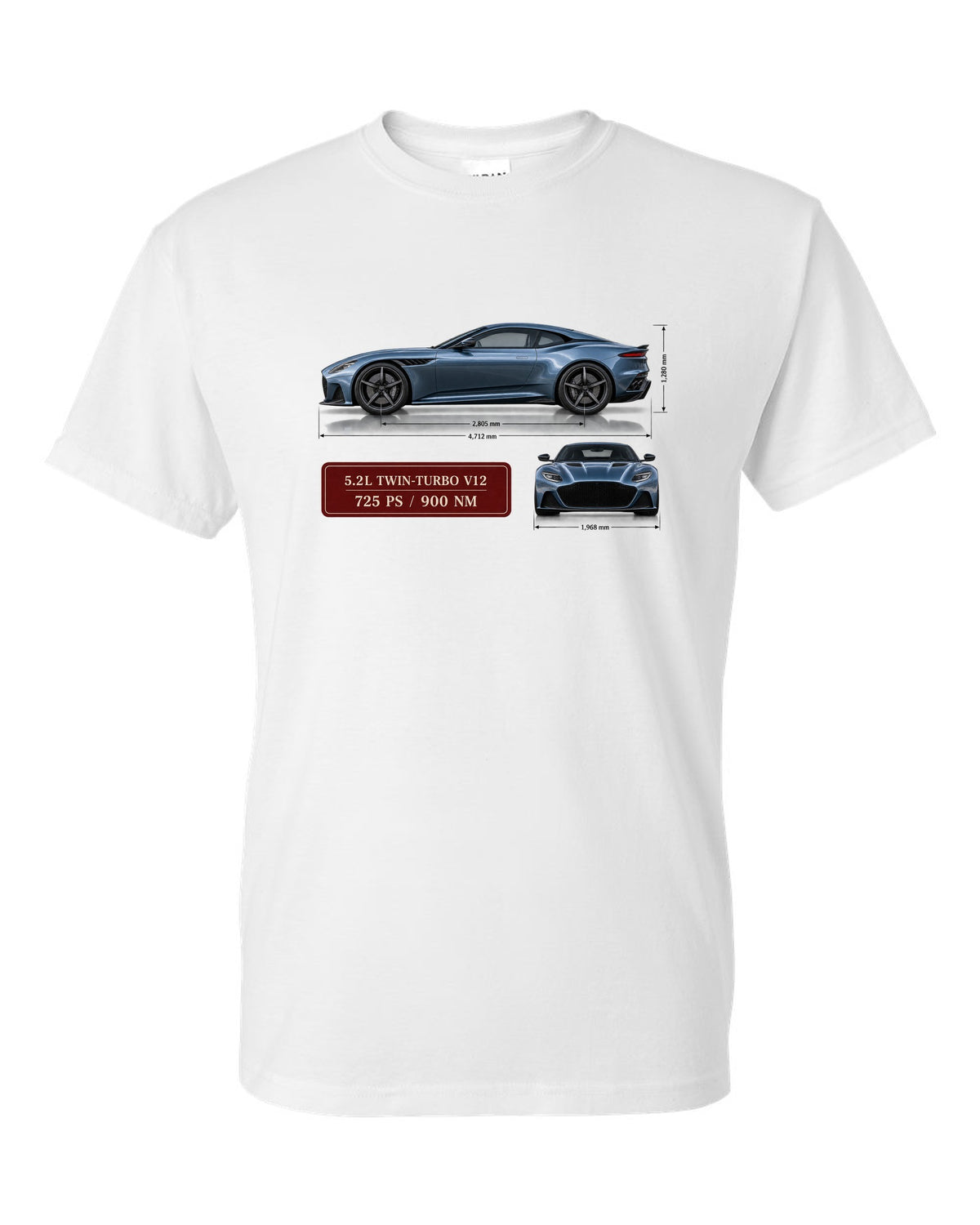 Aston Martin DBS Superleggera 2018 spec sheet print with 5.2L V12 725 PS 900 Nm white t-shirt front view with the design