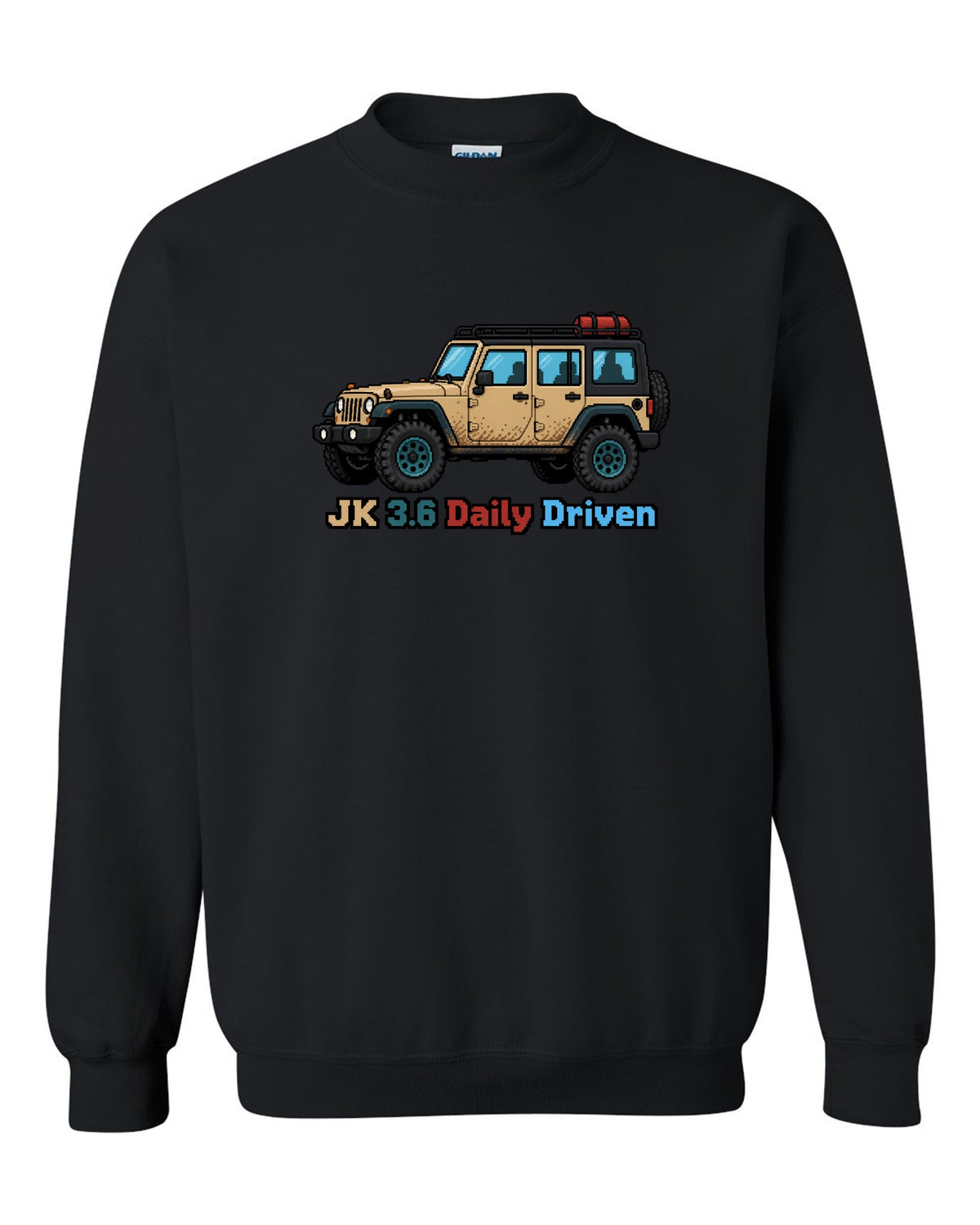 Jeep Wrangler JK 16-bit pixel art design with JK 3.6 daily driven text black crewneck front view with the design