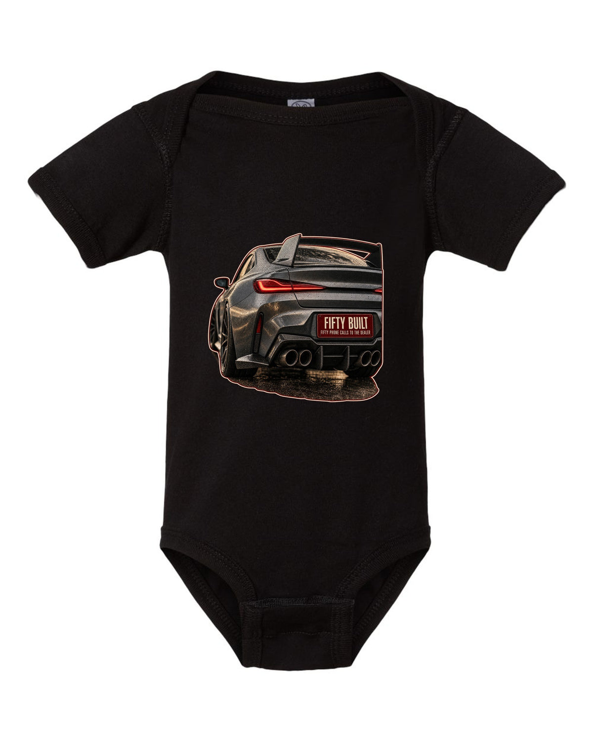 BMW 3.0 CSL 2023 rear light macro print black baby onesie front view with the design