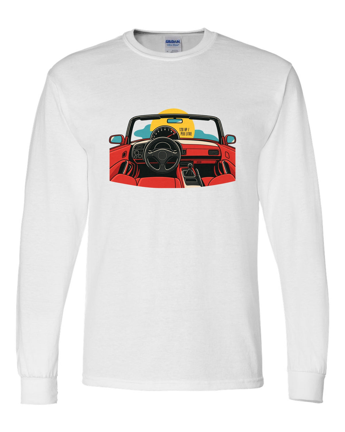 Minimal single-line contour art of a Honda S2000 AP1 with 120 HP per litre text white long sleeve front view with the design