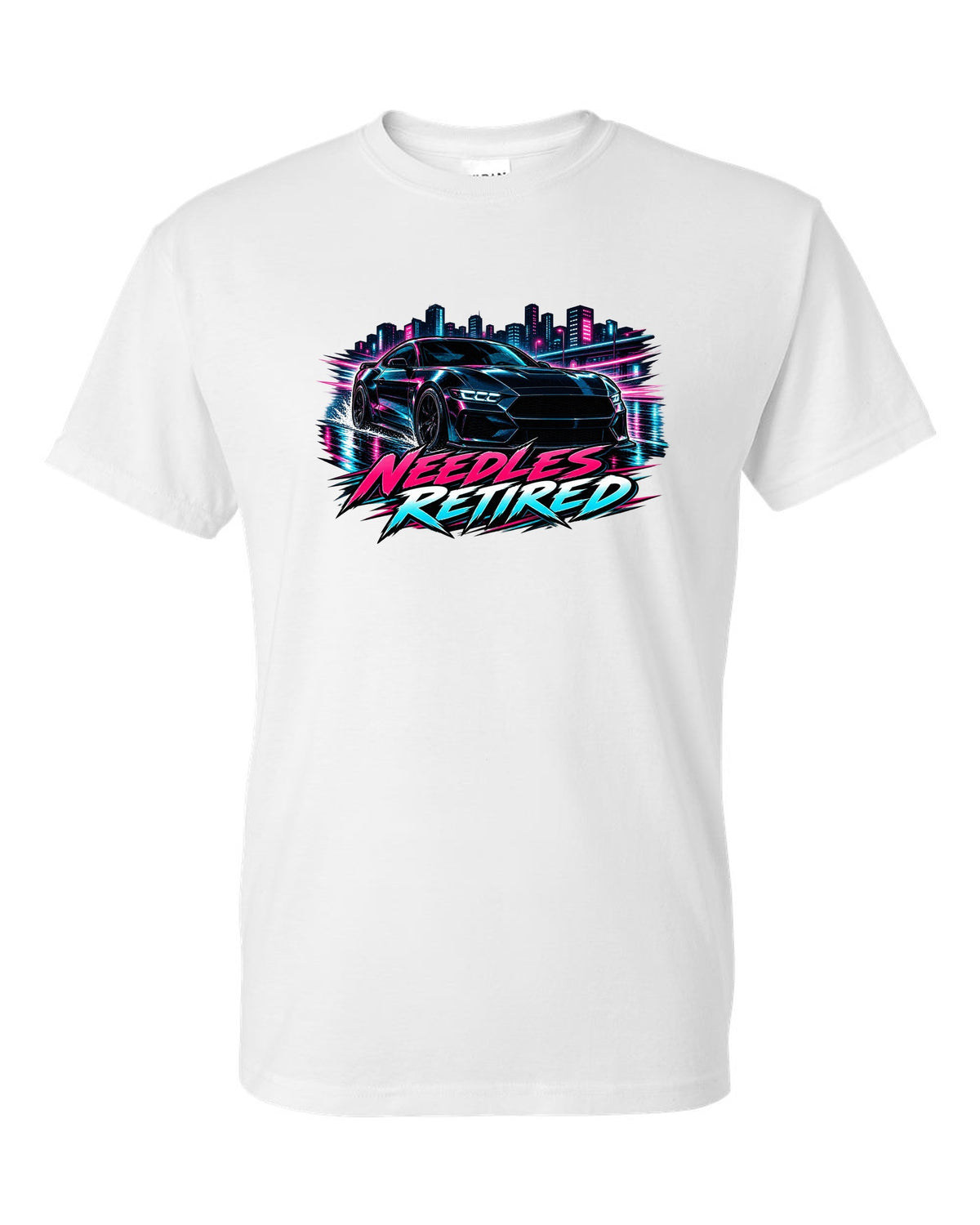 Cel-shaded anime night touge print of a 2024 S650 Mustang coupe with Needles Retired text white t-shirt front view with the design