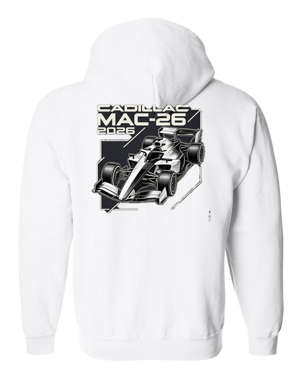 Cadillac MAC-26 2026 F1 car technical poster artwork white zip hoodie back view with the design