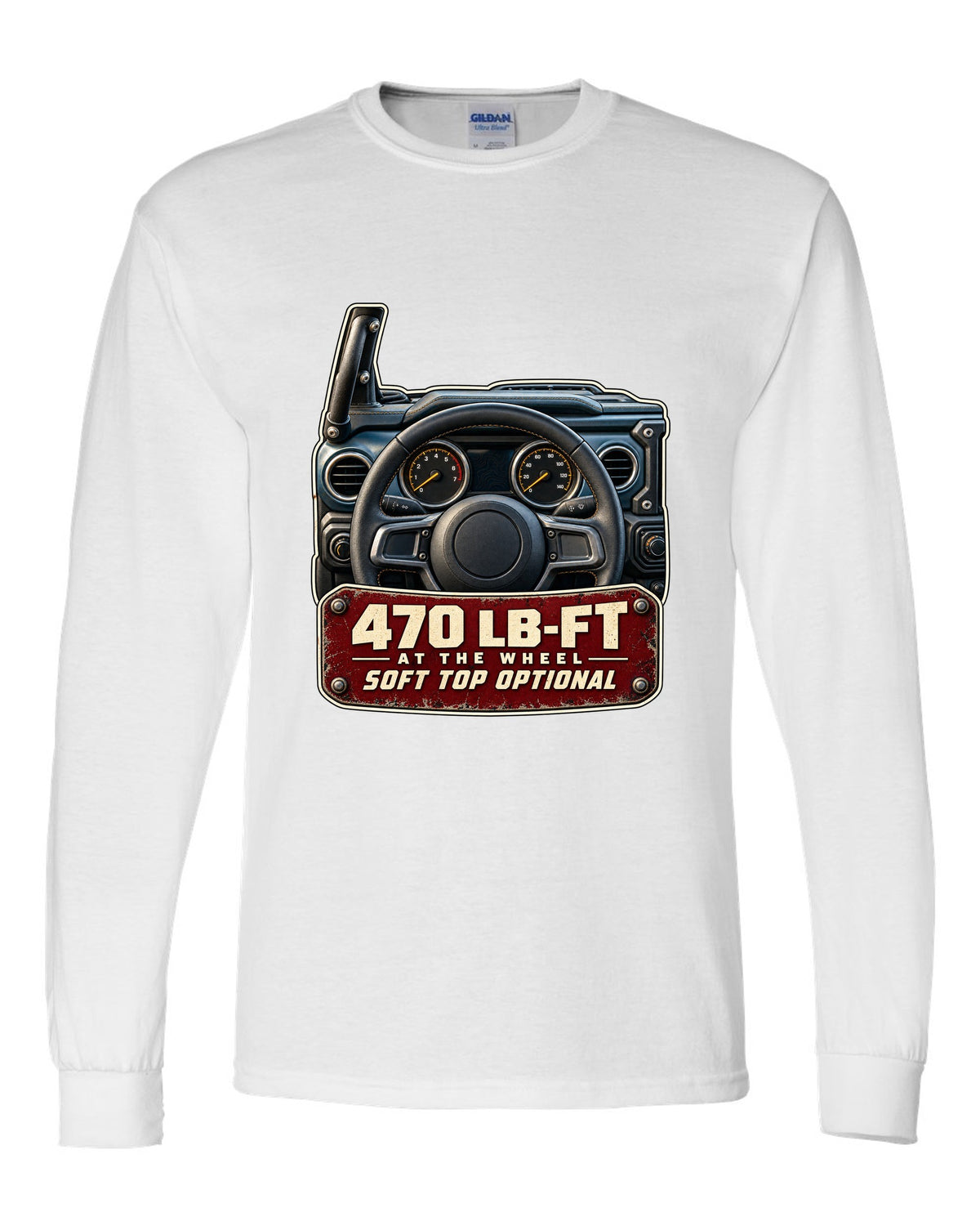 Gauge cluster print for the Jeep Wrangler Rubicon 392 with torque callout white long sleeve front view with the design