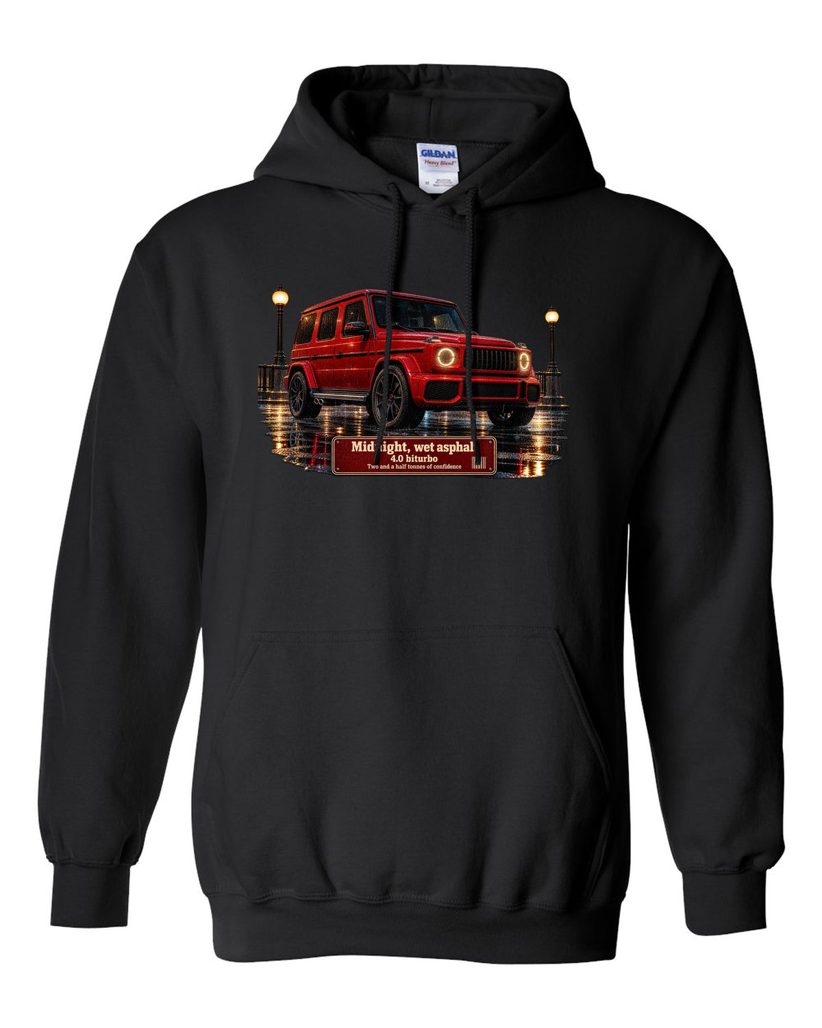 Night street print of a Mercedes-AMG G63 W463A on wet asphalt black pull over hoodie front view with the design