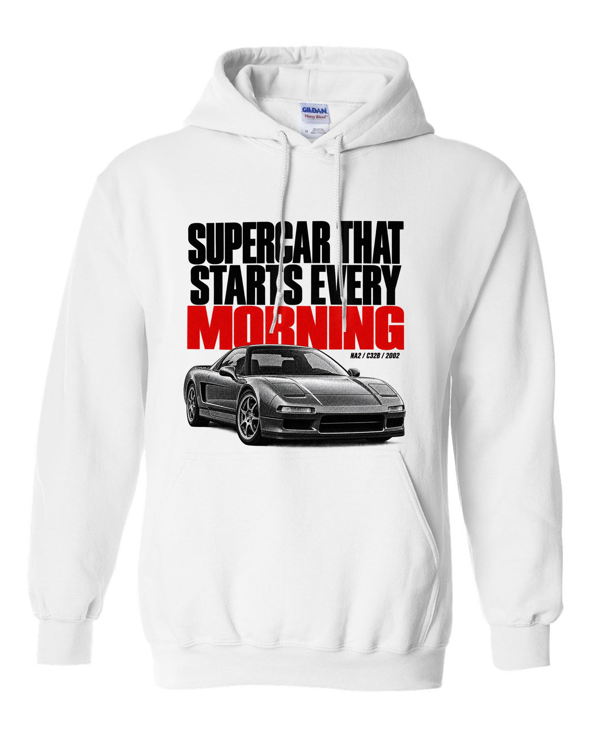 Honda NSX NA2 halftone statement design with supercar t starts every morning text white pull over hoodie front view with the design