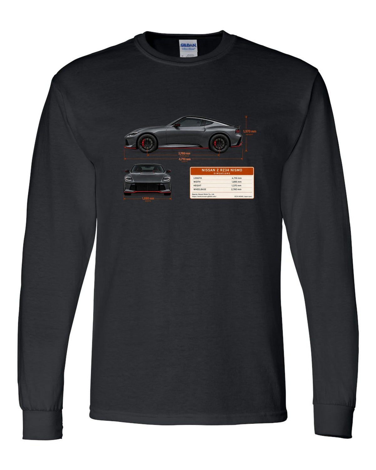 Orange 2024 Nissan Z RZ34 Sport rear view with taillight, ducktail lip and twin round tips black long sleeve front view with the design
