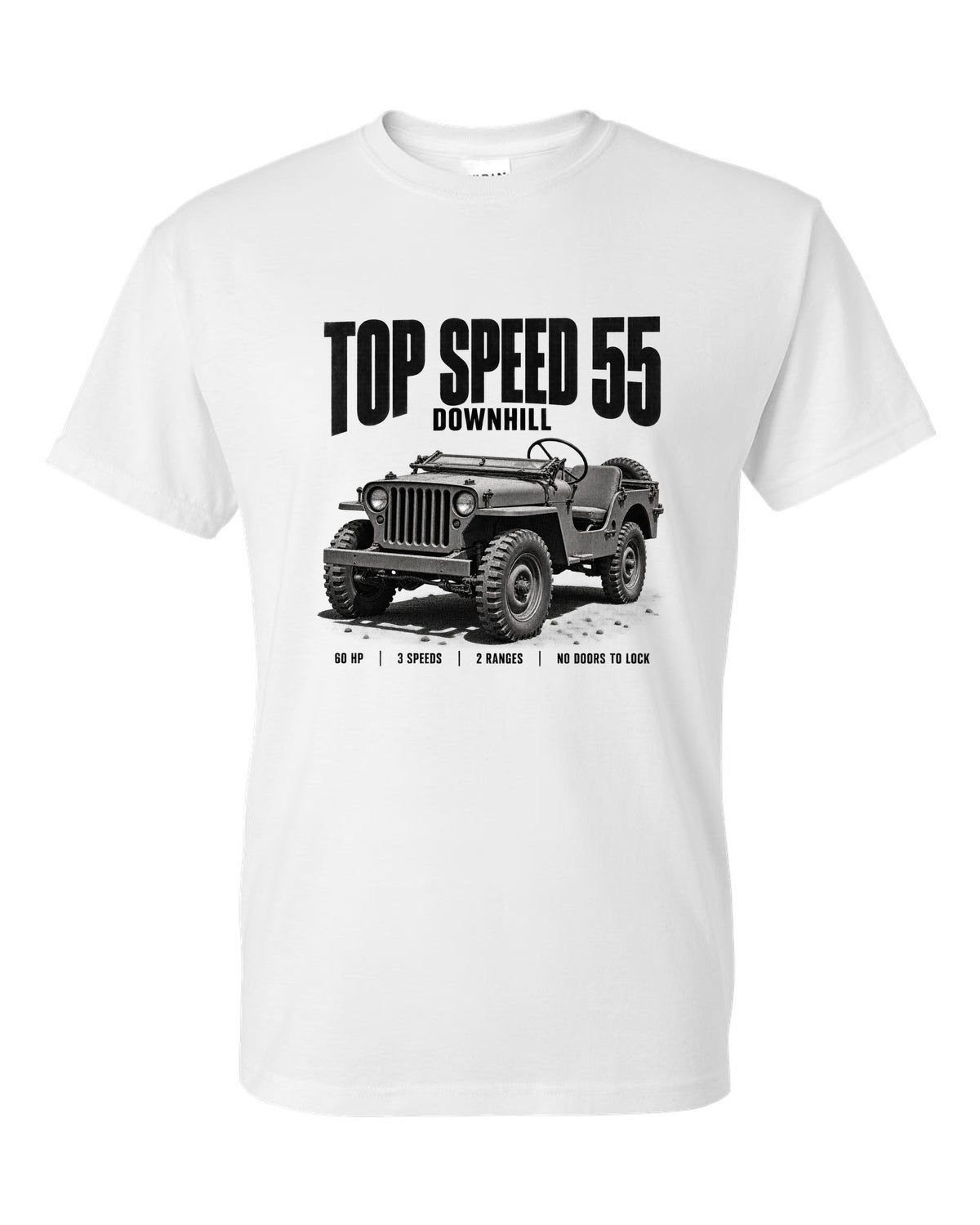 Halftone print for the Willys MB, Top Speed 55 Downhill white t-shirt front view with the design
