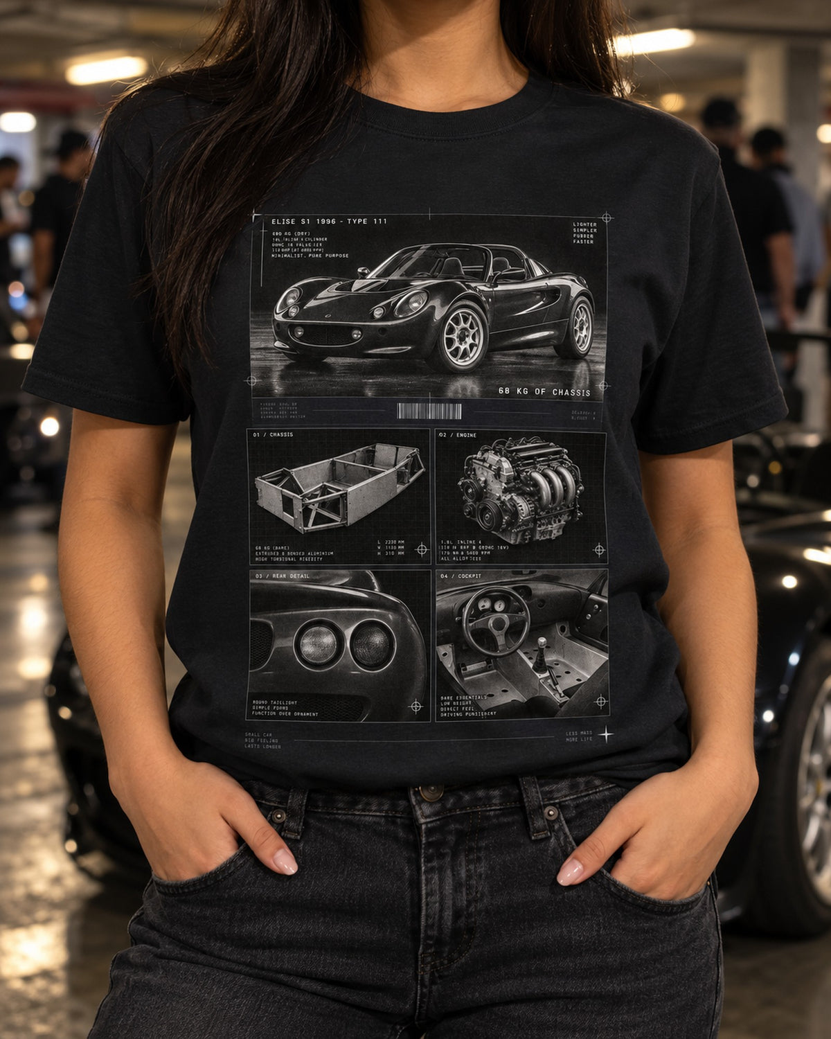 Lotus Elise S1 68 KG Of Chassis Type 111 Dossier Tee T-Shirt Black worn hero