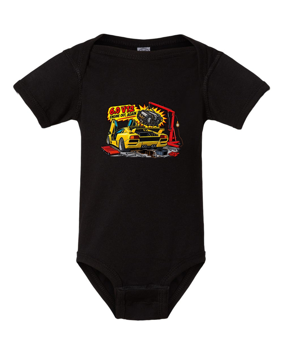 Comic halftone pop-art Lamborghini Diablo GT in a workshop with 6.0 V12 engine out again lettering black baby onesie front view with the design