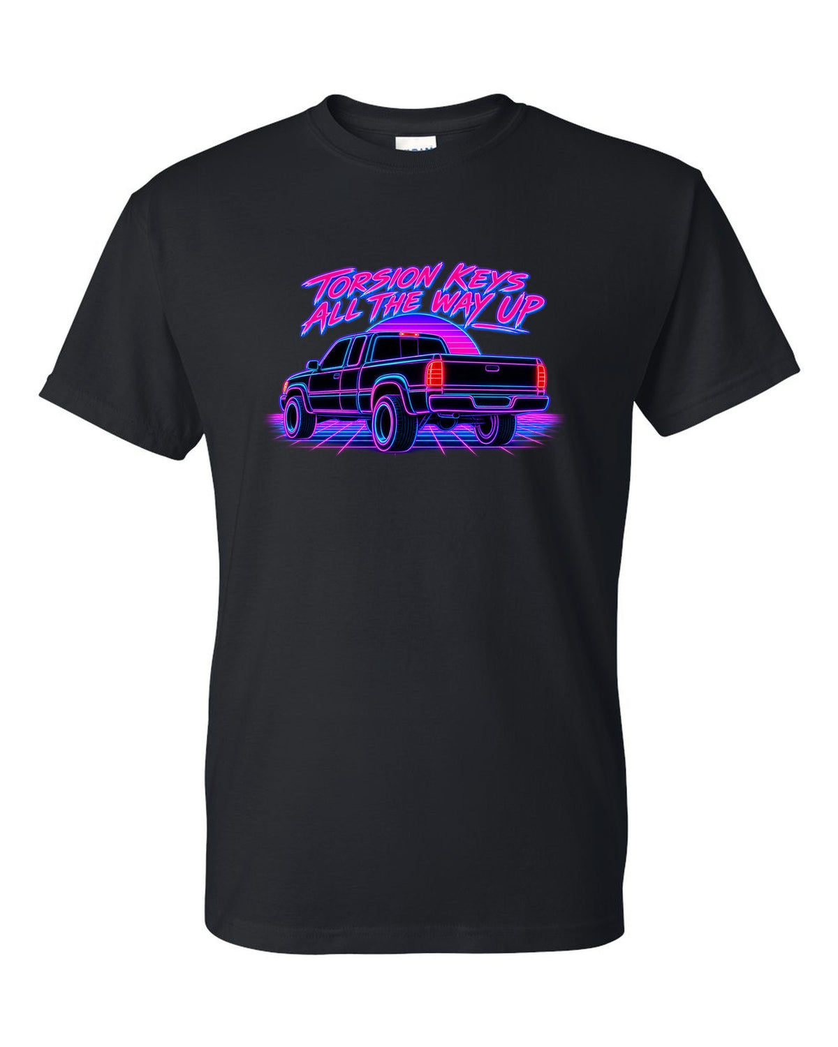 Neon synthwave line print of a 1988-98 Chevrolet GMT400 C1500 OBS extended cab taillight black t-shirt front view with the design