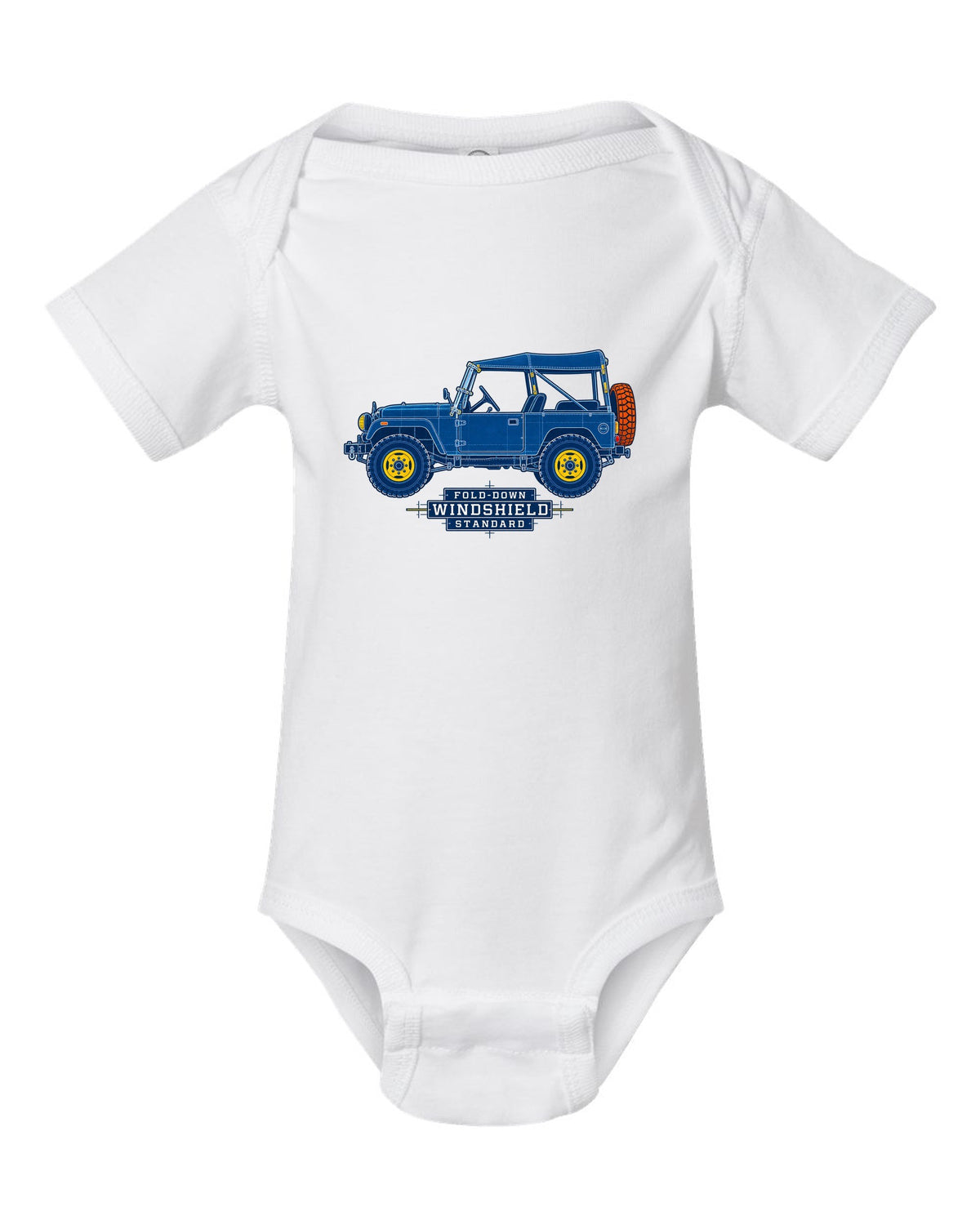 Cyanotype blueprint of a Toyota Land Cruiser FJ40 with fold-down windshield lettering white baby onesie front view with the design