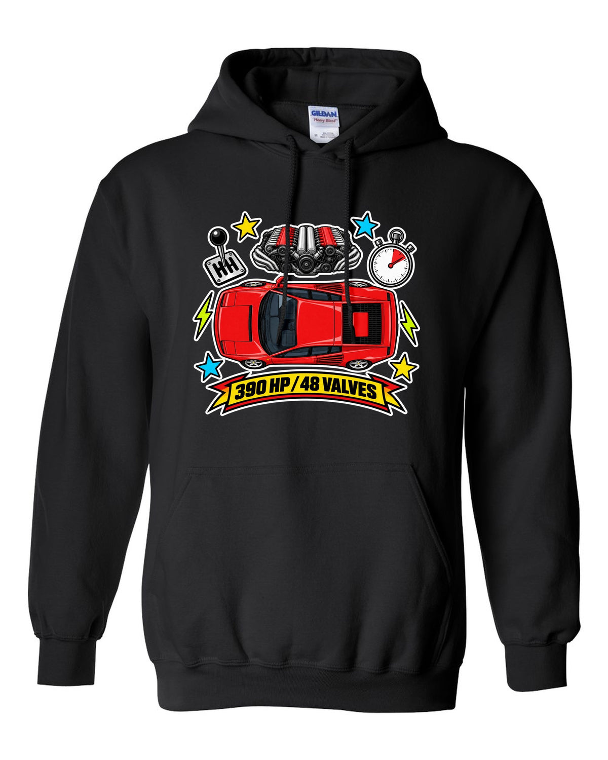 Sticker-bomb collage of the Ferrari Testarossa with 390 HP and 48 valves text black pull over hoodie front view with the design