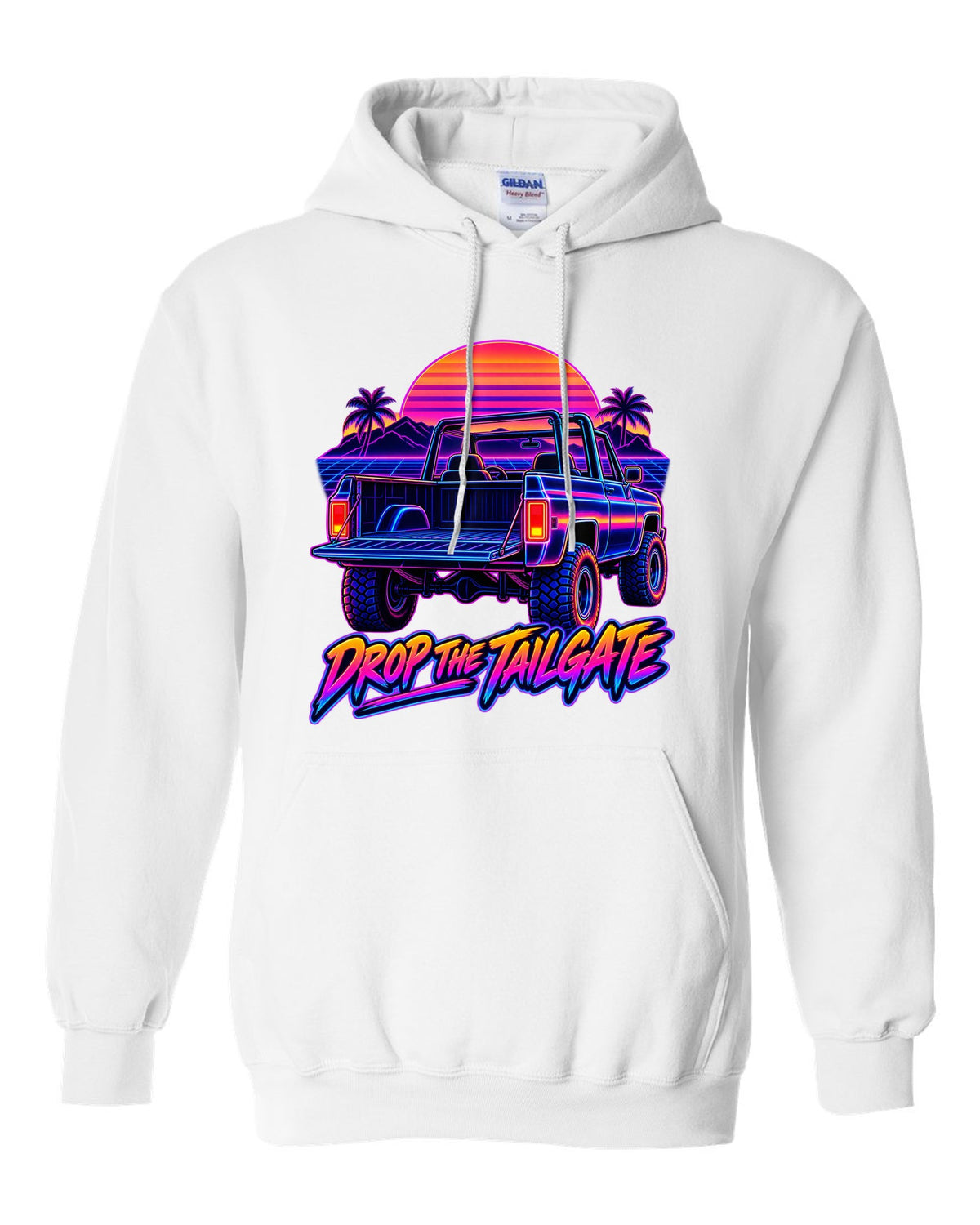 Neon synthwave line art of a 1973-1991 Chevrolet K5 Blazer tailgate with DROP THE TAILGATE text white pull over hoodie front view with the design