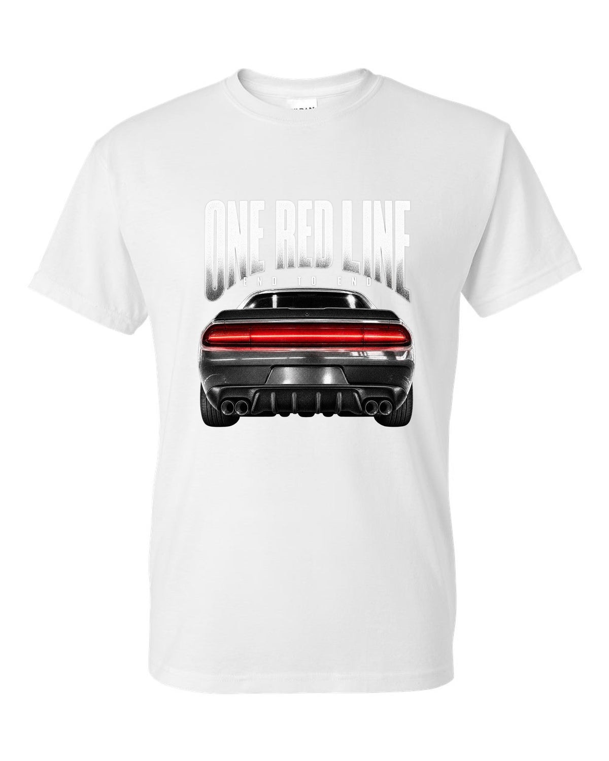 Taillight macro print of a 2015 Dodge Challenger Scat Pack with a single red line white t-shirt front view with the design