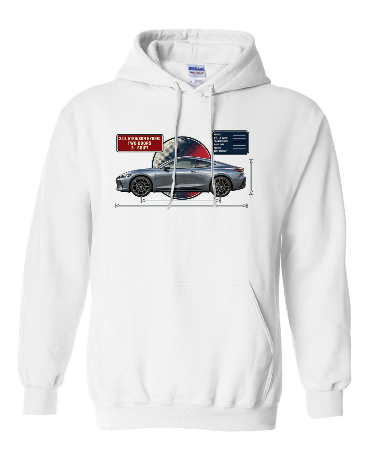Honda Prelude 2026 sixth-gen dimension blueprint print white pull over hoodie front view with the design