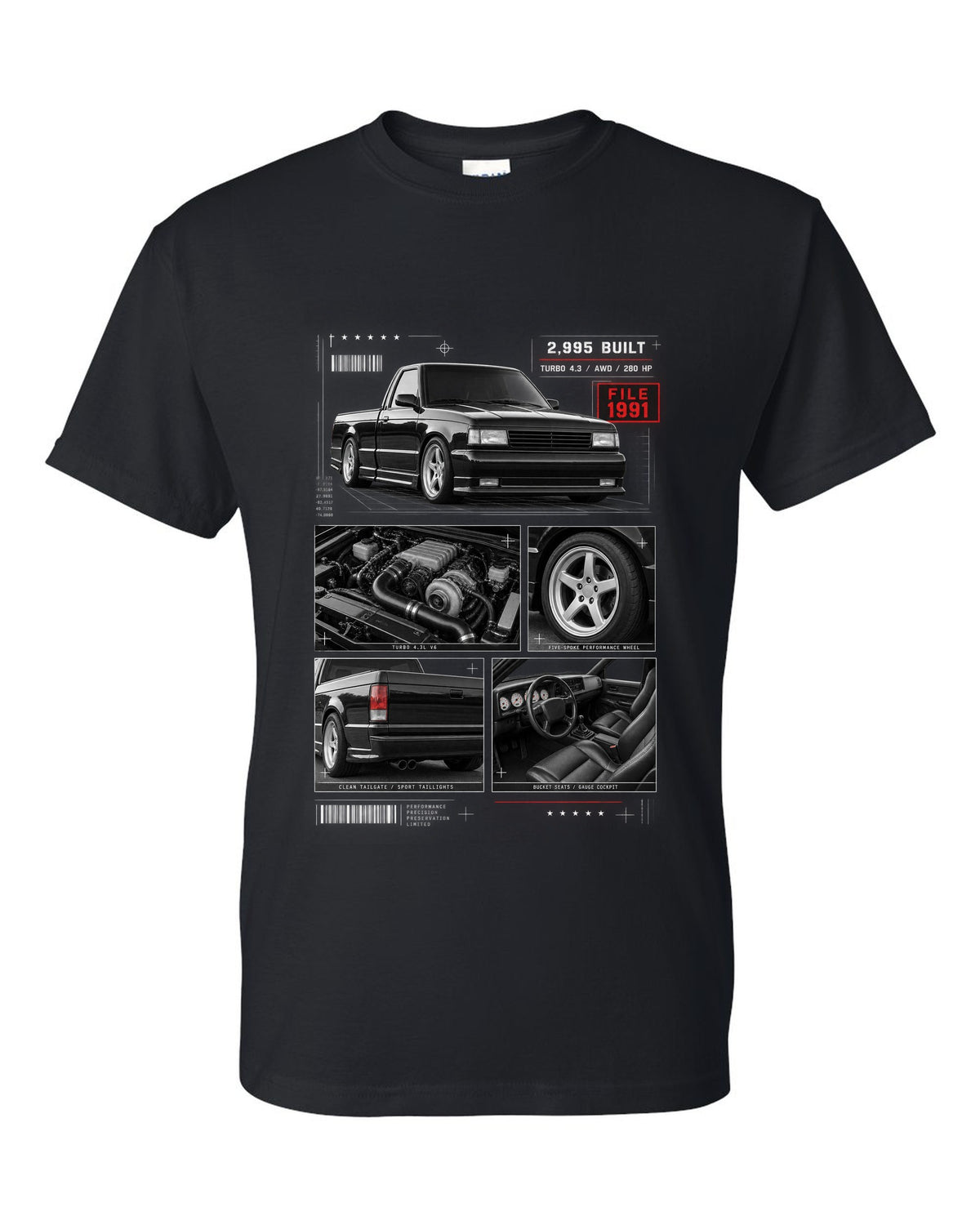 Dossier-style print of a 1991 GMC Syclone with detail panels black t-shirt front view with the design