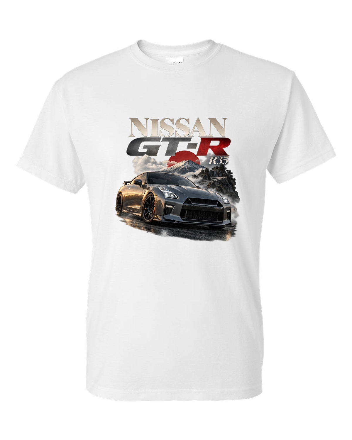 Nissan GT-R R35 2017 facelift in blue on a spec poster layout white t-shirt front view with the design