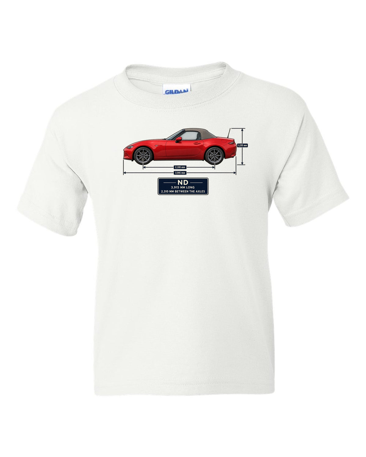 Blueprint-style dimension drawing of a 2016 Mazda MX-5 ND1 soft top in Soul Red white kids tee front view with the design